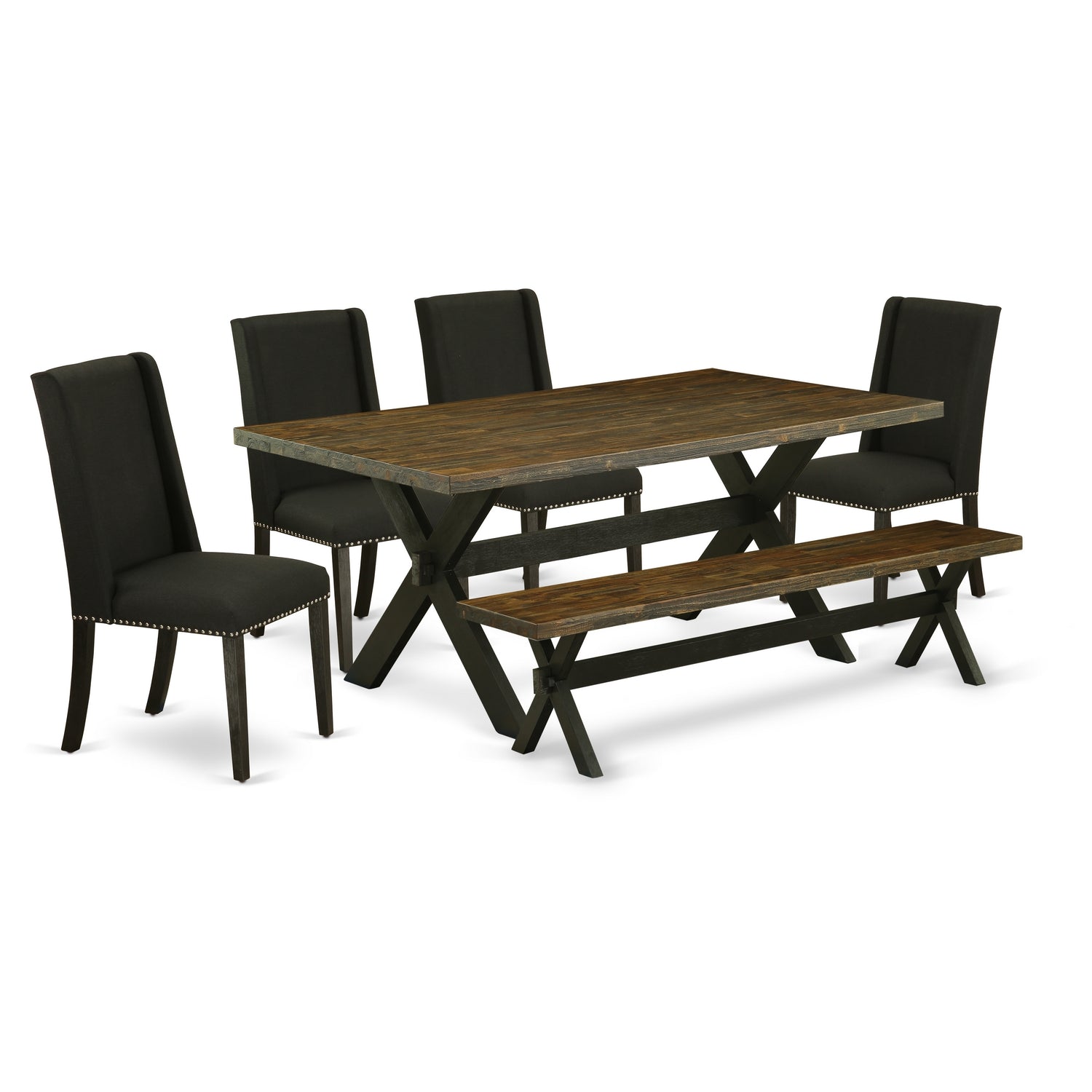 X677FL624-6 6-Piece Mid Century Dining Table Set-Black Linen Fabric Seat and High Stylish Chair Back Parson Dining chairs, A Rectangular Bench and Rectangular top Dining room Table with Wood Legs - Distressed Jacobean and Wire Brushed Black Finish