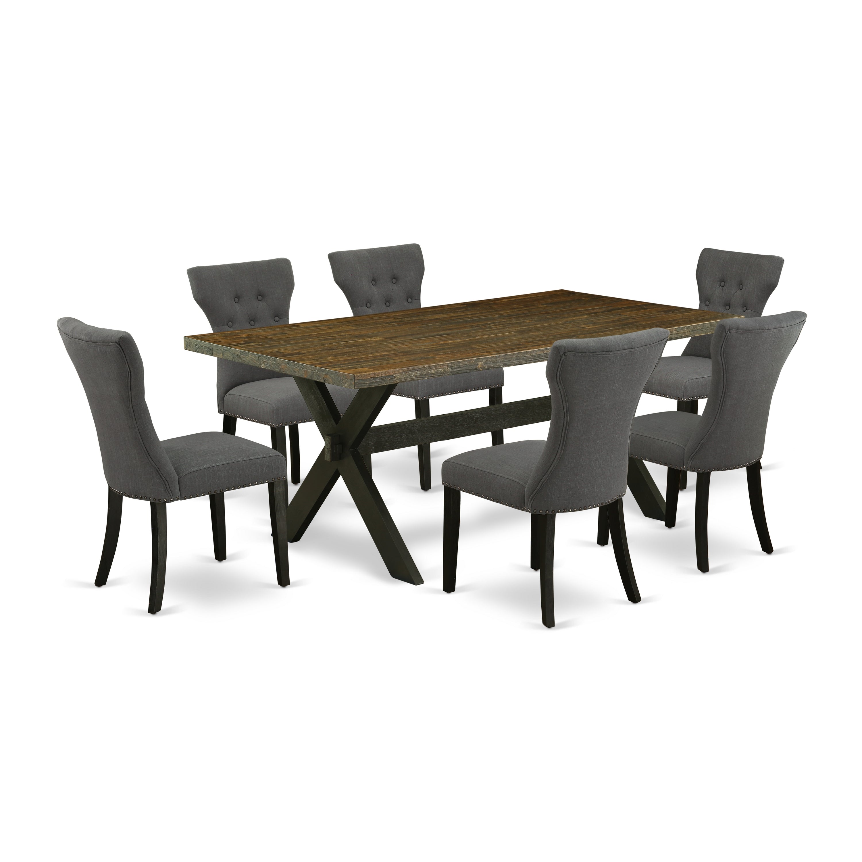 East West Furniture X677GA650-7 7-Pc Rectangular dining table set a beautiful Distressed Jacobean dining table and top 6 beautiful upholstered dining chairs with Nail heads and Button Tufted, Wire Brushed Black Finish