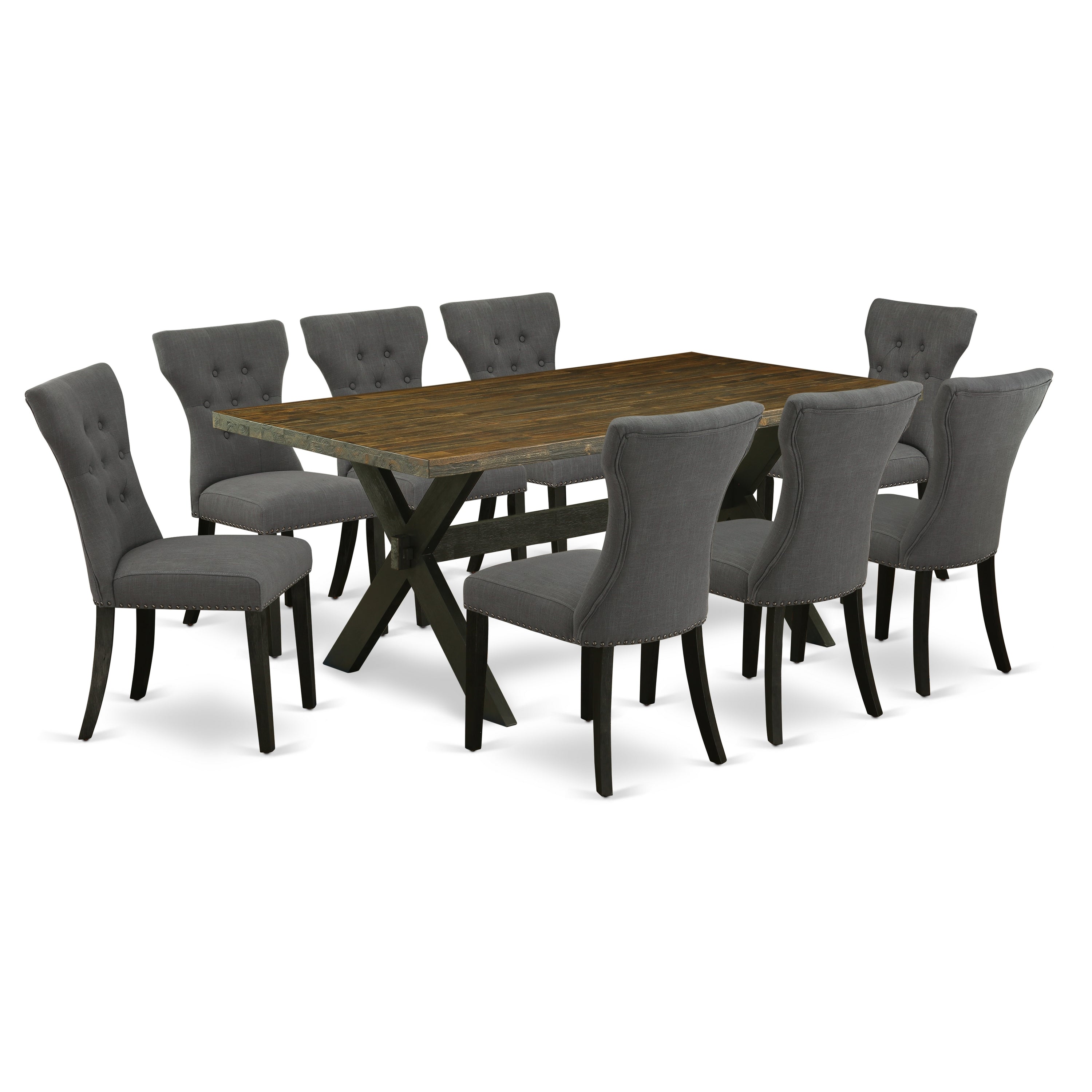 East West Furniture X677GA650-9 9-Pc Dining room Table Set a Fantastic Distressed Jacobean Dining room Table top and 8 Fantastic Parson chairs with Nail Heads and Stylish Button Tufted Chair Back, Wire Brushed Black Finish