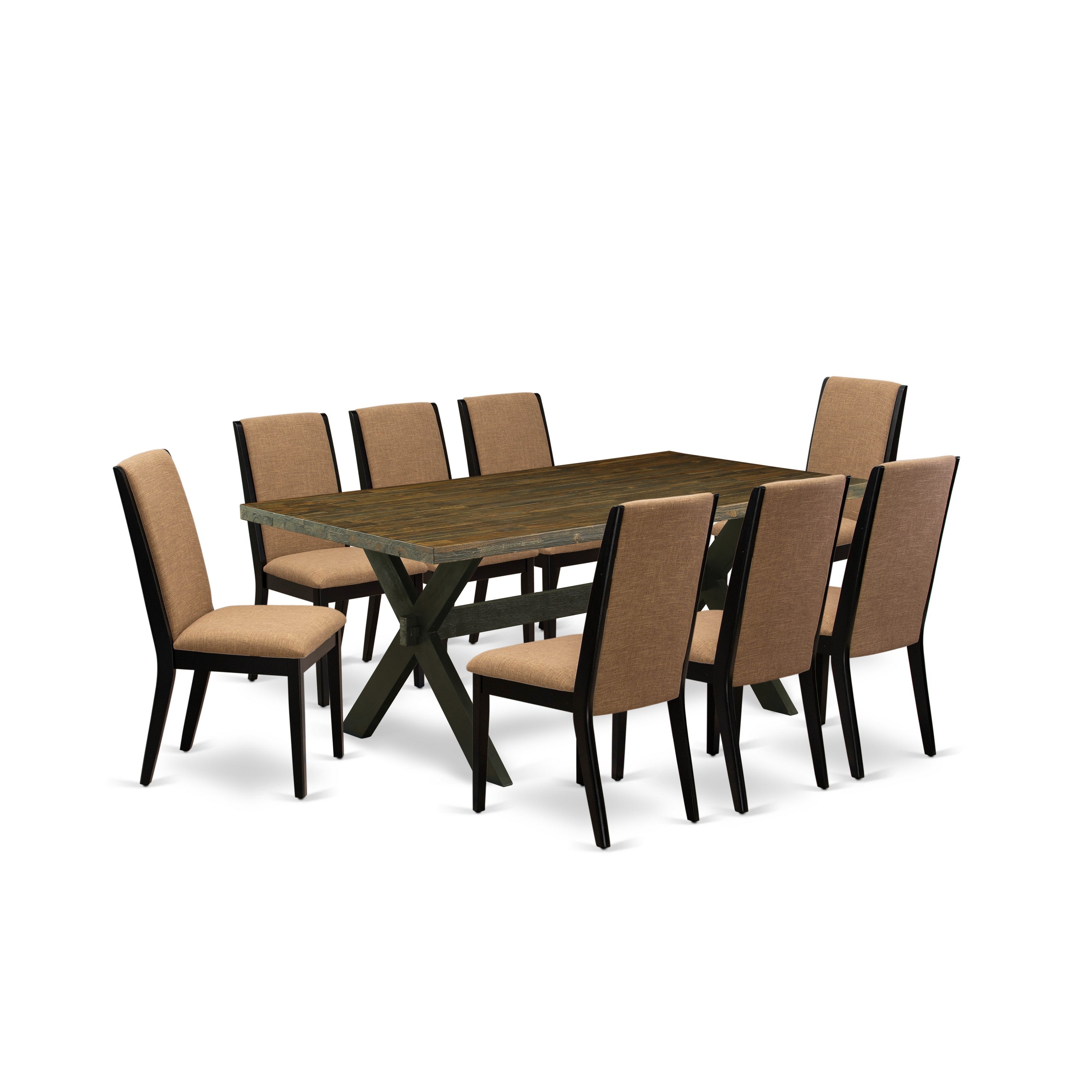 Juego de comedor de 9 piezas East West Furniture X677LA147-9. Incluye una mesa de comedor rectangular con patas en forma de X y 8 sillas tapizadas en tela de lino color sable claro.
