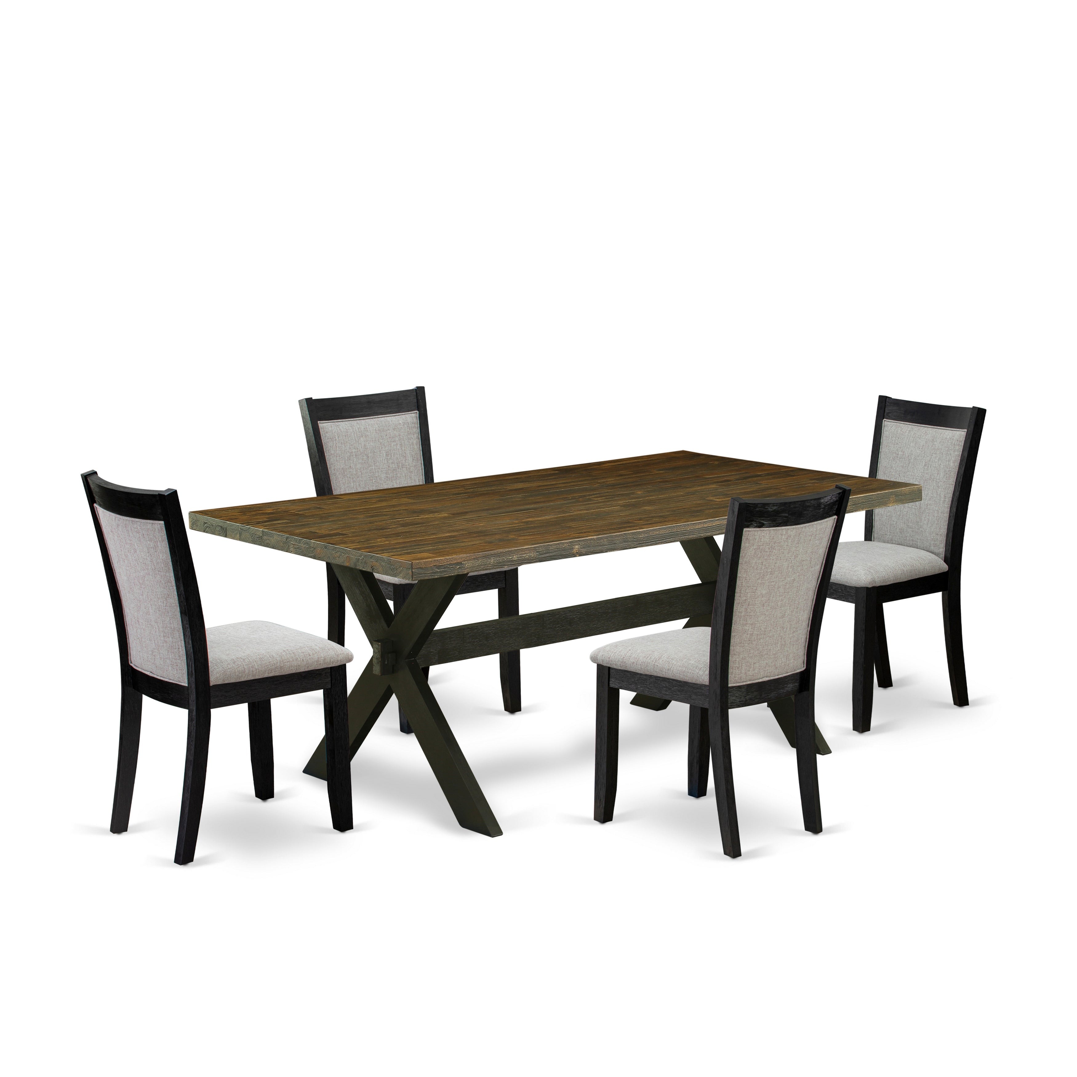 East West Furniture X677MZ606-5 5 Piece Dining Table Set - A Distressed Jacobean Top Modern Dining Room Table with Trestle Base and 4 Shitake Linen Fabric Kitchen Chairs - Wire Brushed Black Finish