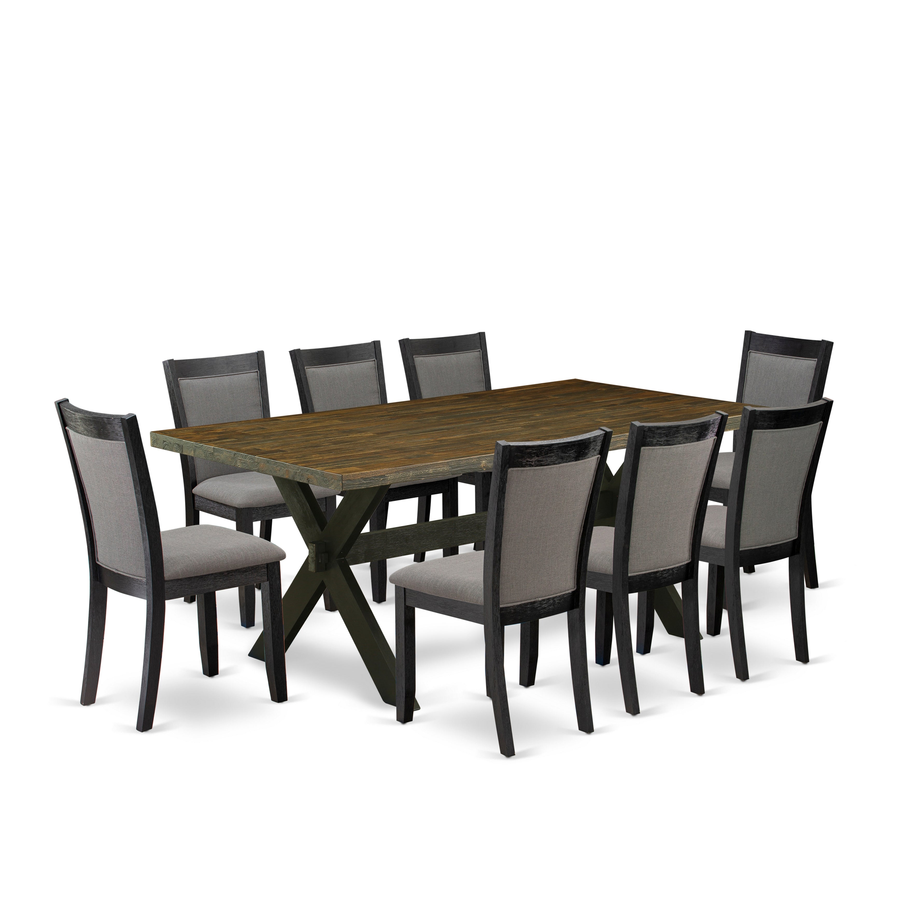 East West Furniture X677MZ650-9 9 Piece Dinette Set - A Distressed Jacobean Top Dining Table with Trestle Base and 8 Dark Gotham Grey Linen Fabric Dinning Chairs - Wire Brushed Black Finish