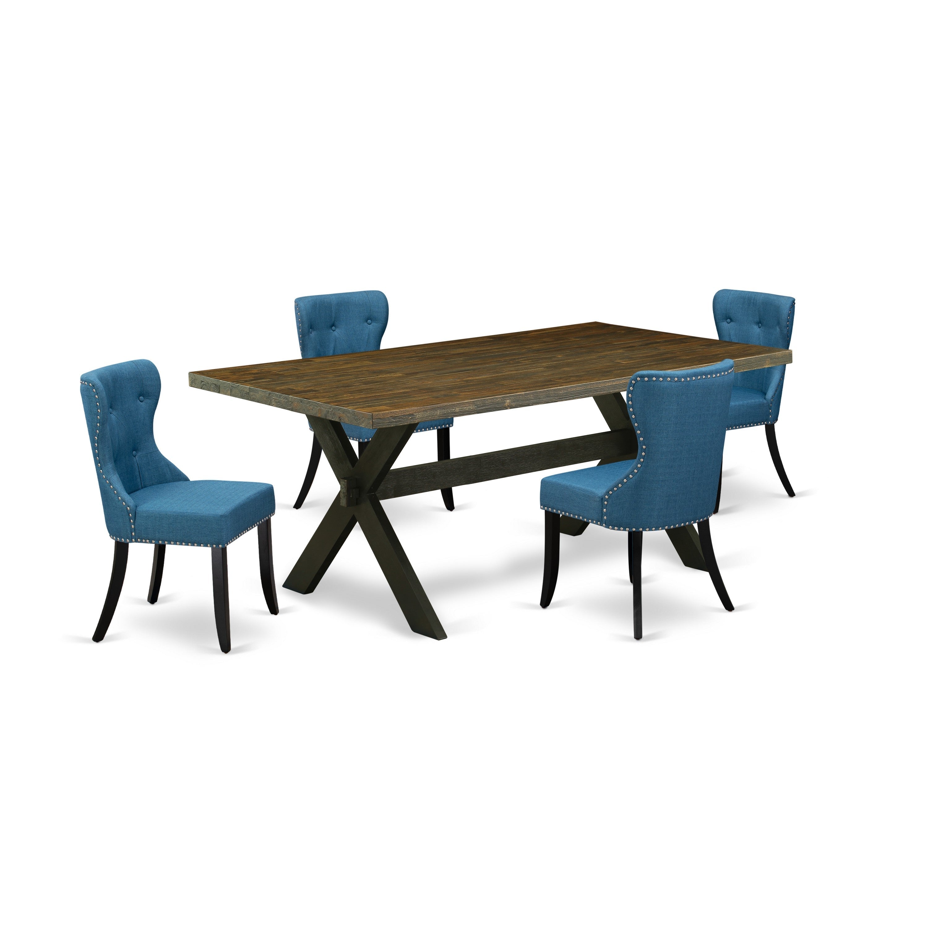 Juego de mesa de comedor East West Furniture X677SI121-5 de 5 piezas para 4 personas. Incluye una mesa de cocina rectangular con patas en forma de X y 4 sillas de comedor Parson de tela de lino azul.