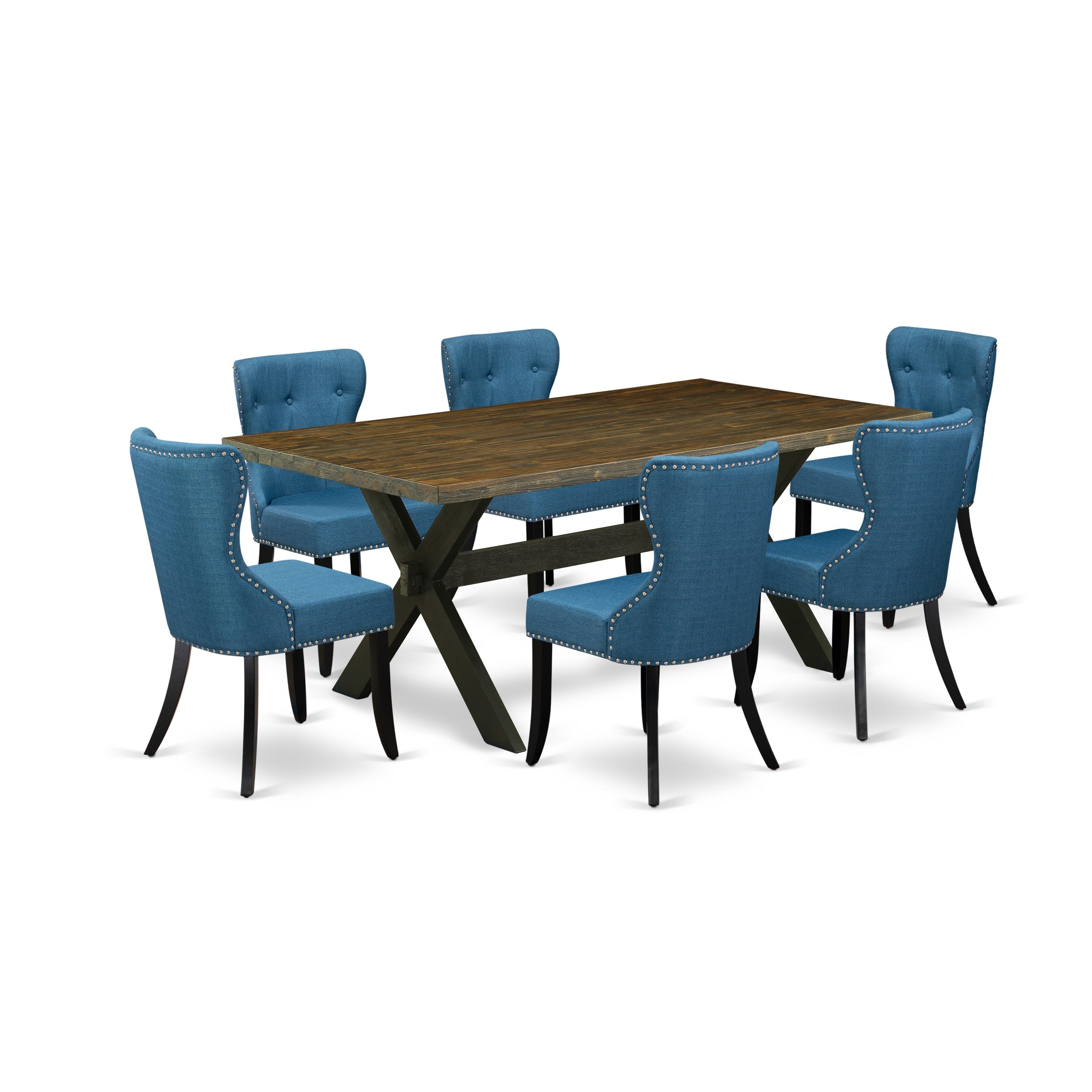 East West Furniture 7-Piece Dinette Set- 6 Parson dining room chairs with Blue Linen Fabric Seat and Button Tufted Chair Back - Rectangular Table top & Wooden Cross Legs - Distressed Jacobean and Black Finish