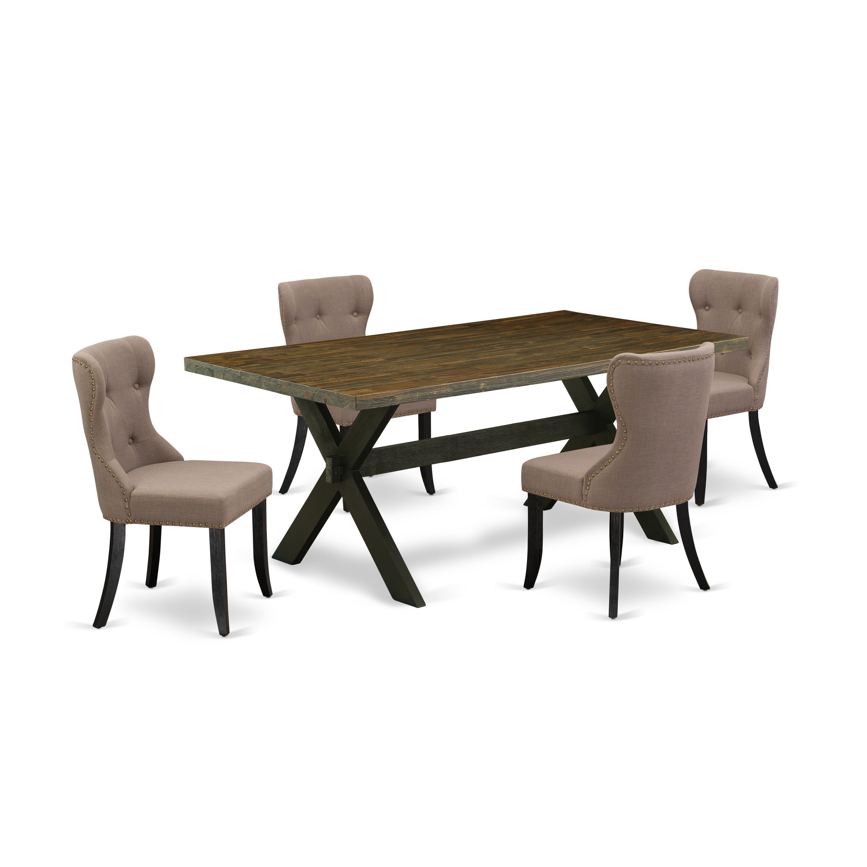 East West Furniture X677SI648-5 5-Pc Dining Room Table Set- 4 Dining Padded Chairs with Coffee Linen Fabric Seat and Button Tufted Chair Back � Kitchen Table (Distressed Jacobean Finish)