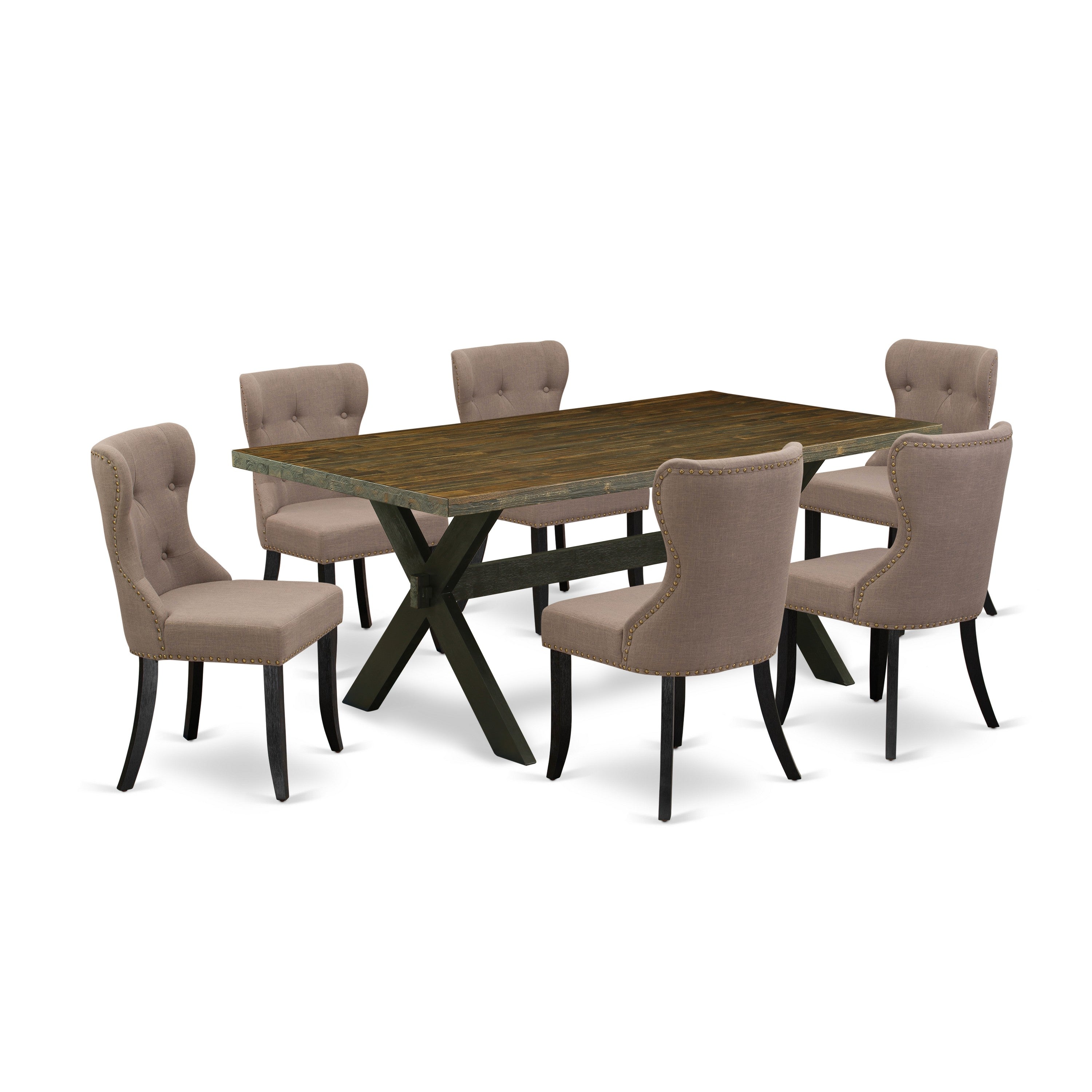 East West Furniture X677SI648-7 7-Piece Kitchen Dining Room Set- 6 Parson dining room chairs with Coffee Linen Fabric Seat and Button Tufted Chair Back - Rectangular Table top & Wooden Cross Legs - Distressed Jacobean and Wire Brushed Black Finish