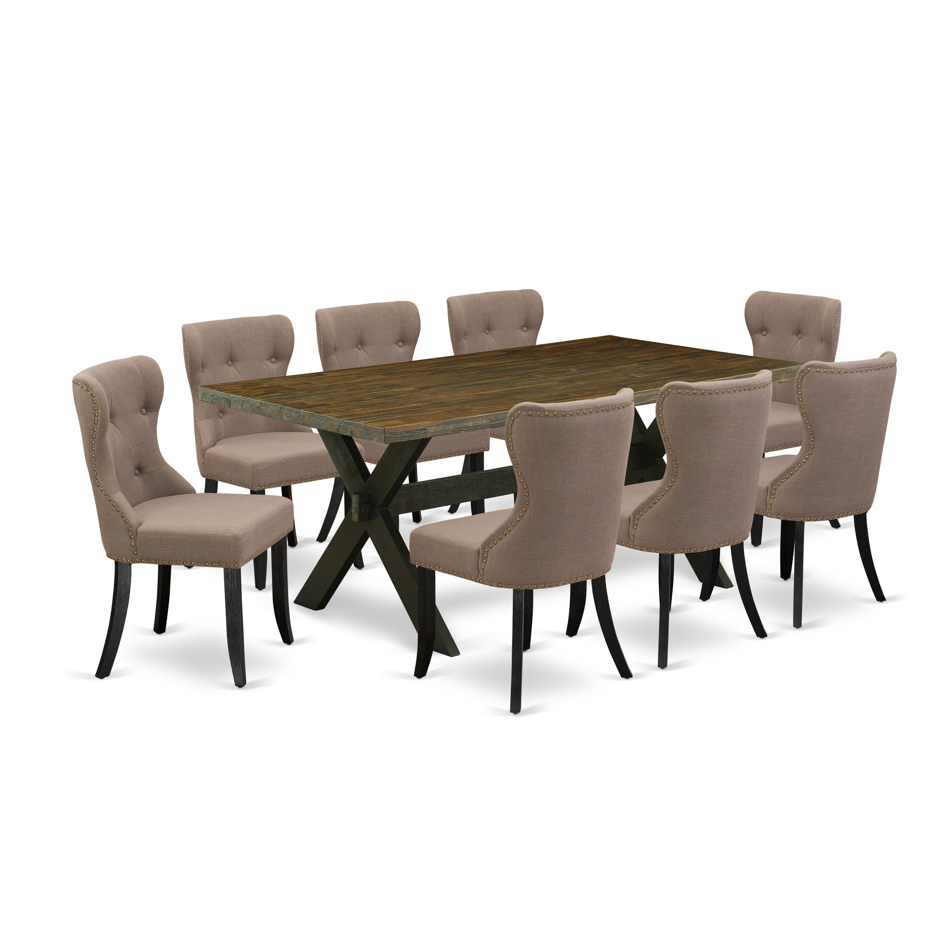 El juego de mesa de cocina de 9 piezas East West Furniture X677SI648-9 incluye una mesa de comedor rectangular con patas en forma de X y 8 sillas de comedor Parson de tela de lino color café.