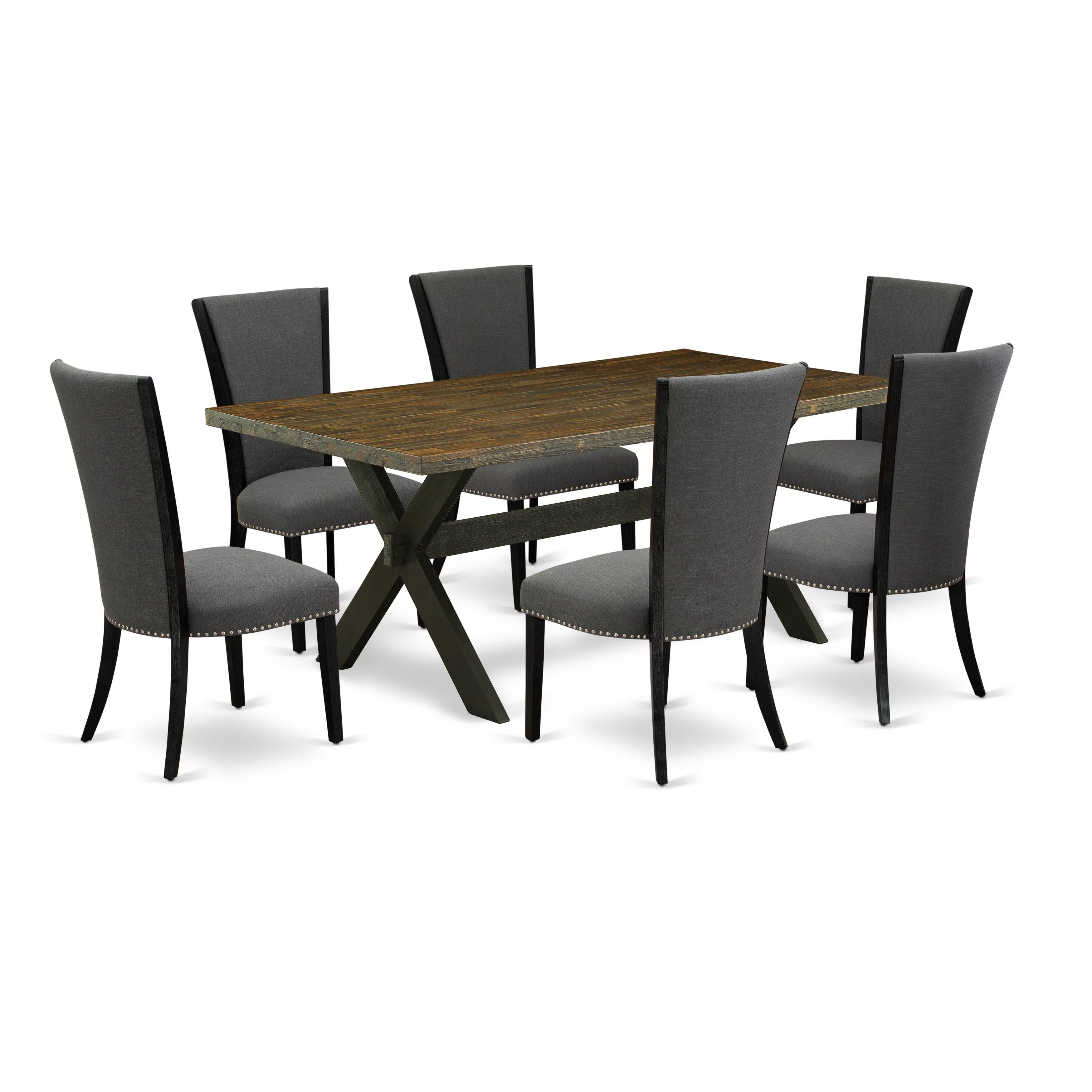 East West Furniture X677VE650-7 7 Pc Dining Set Contains a Distressed Jacobean Modern Dining Table and 6 Dark Gotham Grey Linen Fabric Parson Dining Chairs with High Back - Wire Brushed Black Finish