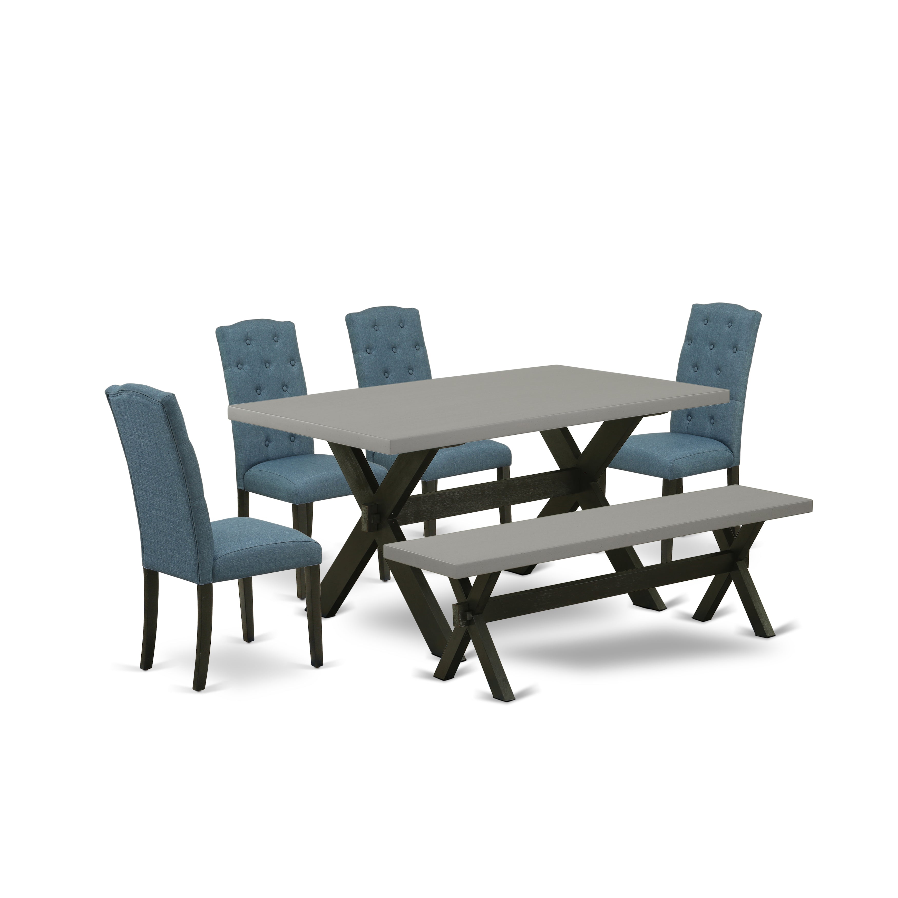East West Furniture X696CE121-6 6 Piece Table Set Includes a Cement Wooden Dining Table and a Dining Room Bench, 4 Blue Linen Fabric Dining Chairs with Button Tufted Back - Wire Brushed Black Finish