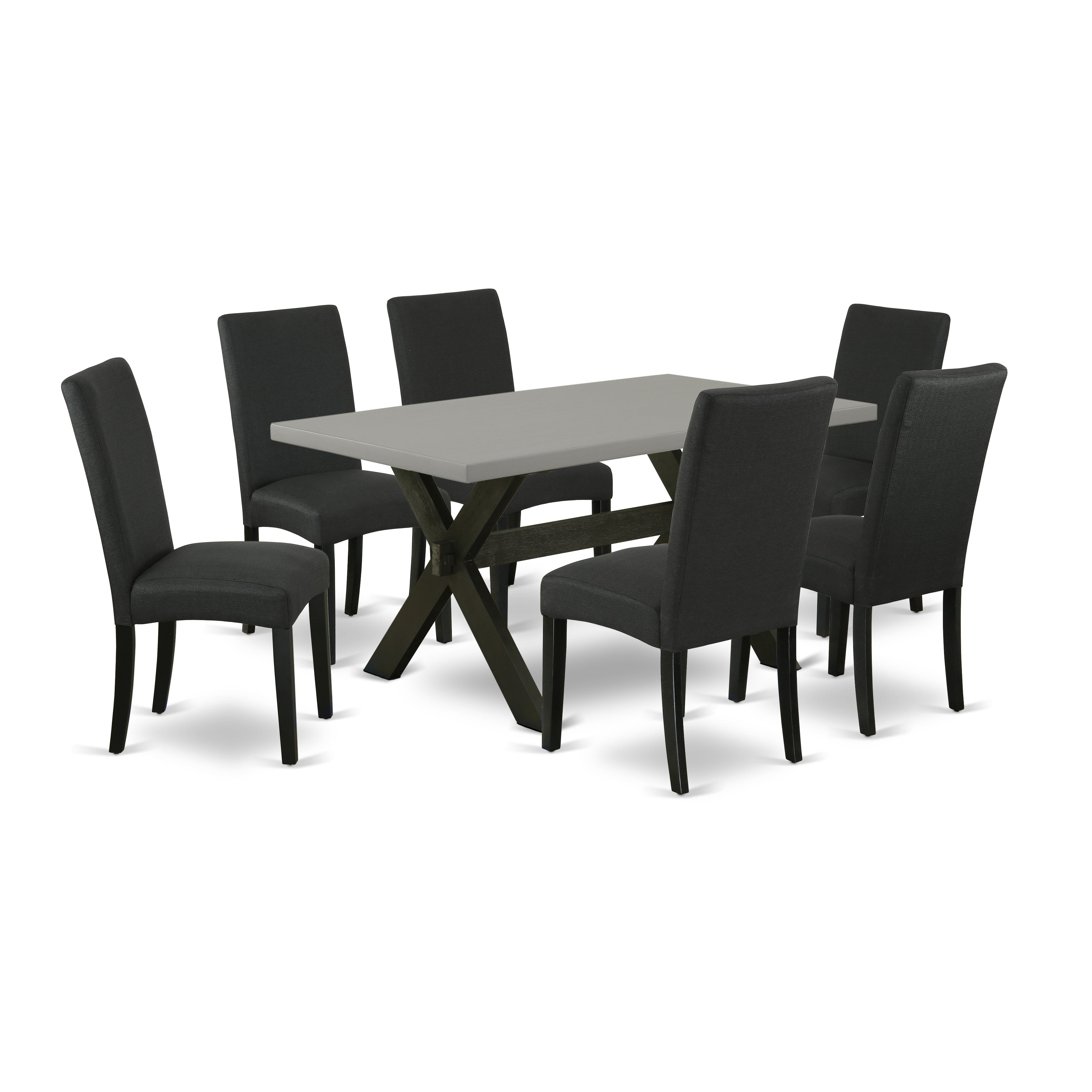 East West Furniture X696DR124-7 7-Piece Modern Dining Set- 6 Upholstered Dining Chairs with Black Linen Fabric Seat and Stylish Chair Back - Rectangular Table top & Wooden Cross Legs - Cement and Black Finish