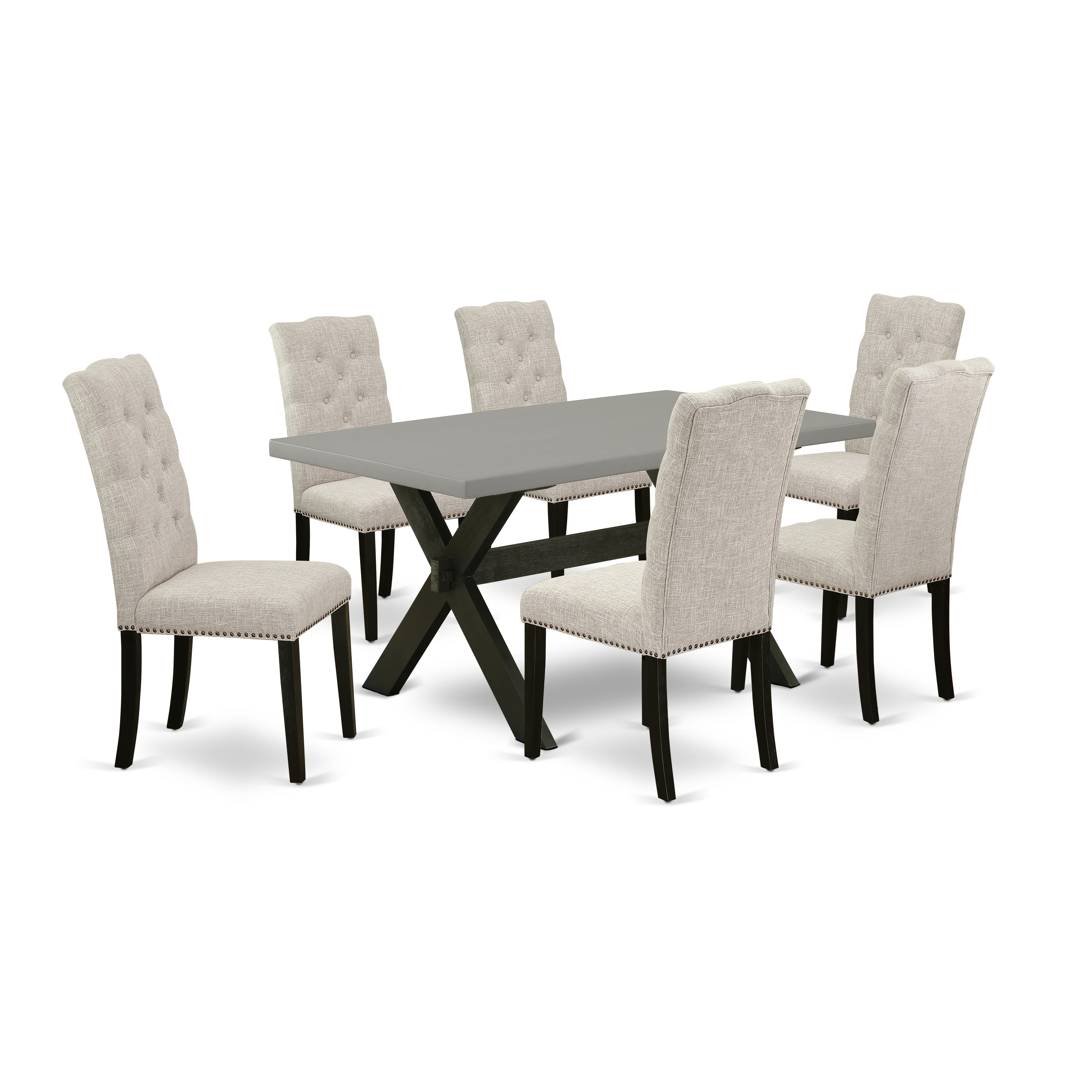 East West Furniture X696EL635-7 7-Piece kitchen table set a Fantastic Cement Dining Table top and 6 Beautiful Parson Dining chairs with Nail Heads and Button Tufted, Wire Brushed Black Finish