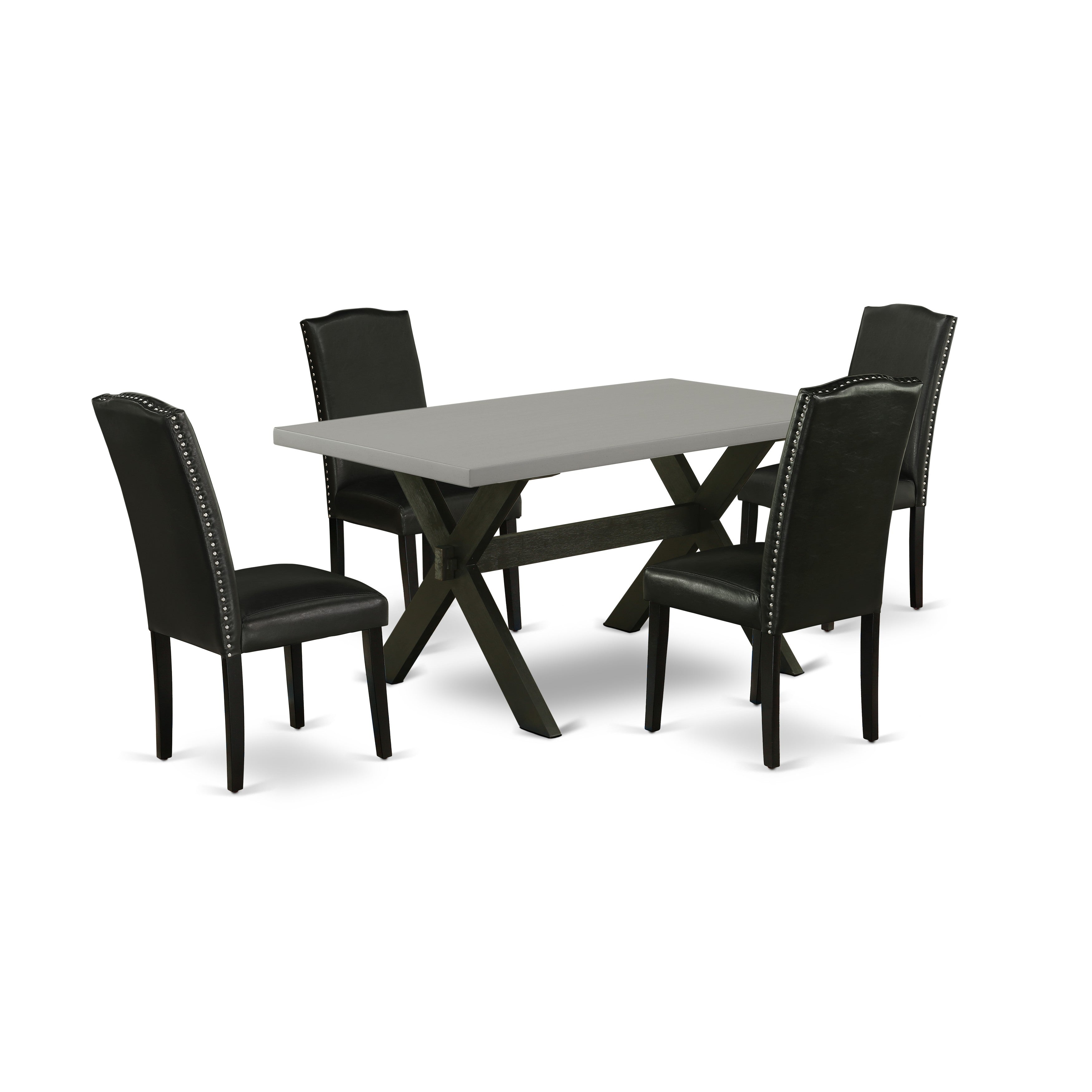 El juego de mesa de comedor de 5 piezas East West Furniture X696EN169-5 incluye una mesa de comedor rectangular con patas en forma de X y 4 sillas Parsons de cuero sintético negro.