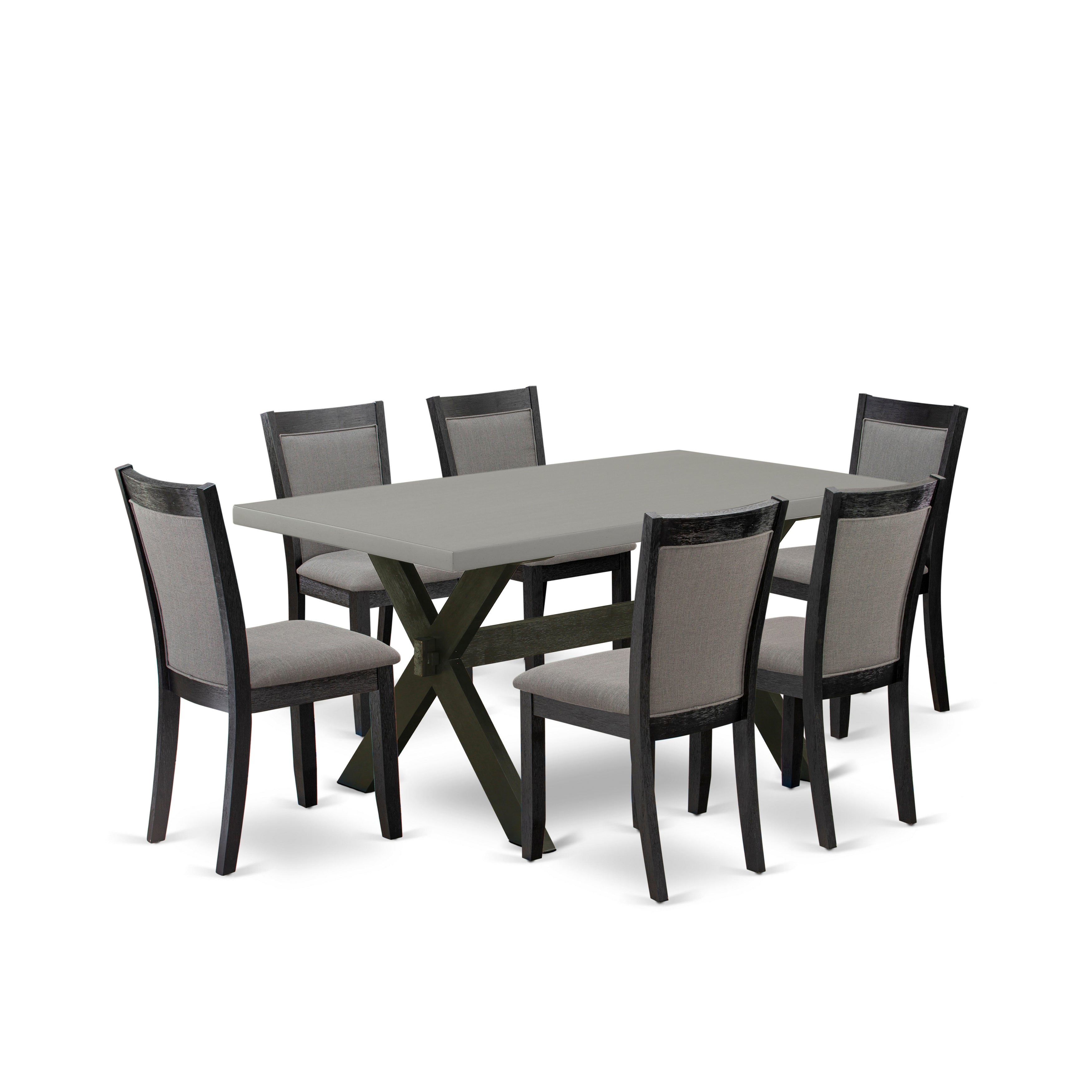 Juego de mesa de comedor East West Furniture X696MZ650-7 de 7 piezas compuesto por una mesa de cocina rectangular con patas en forma de X y 6 sillas tapizadas en tela de lino gris Gotham oscuro.