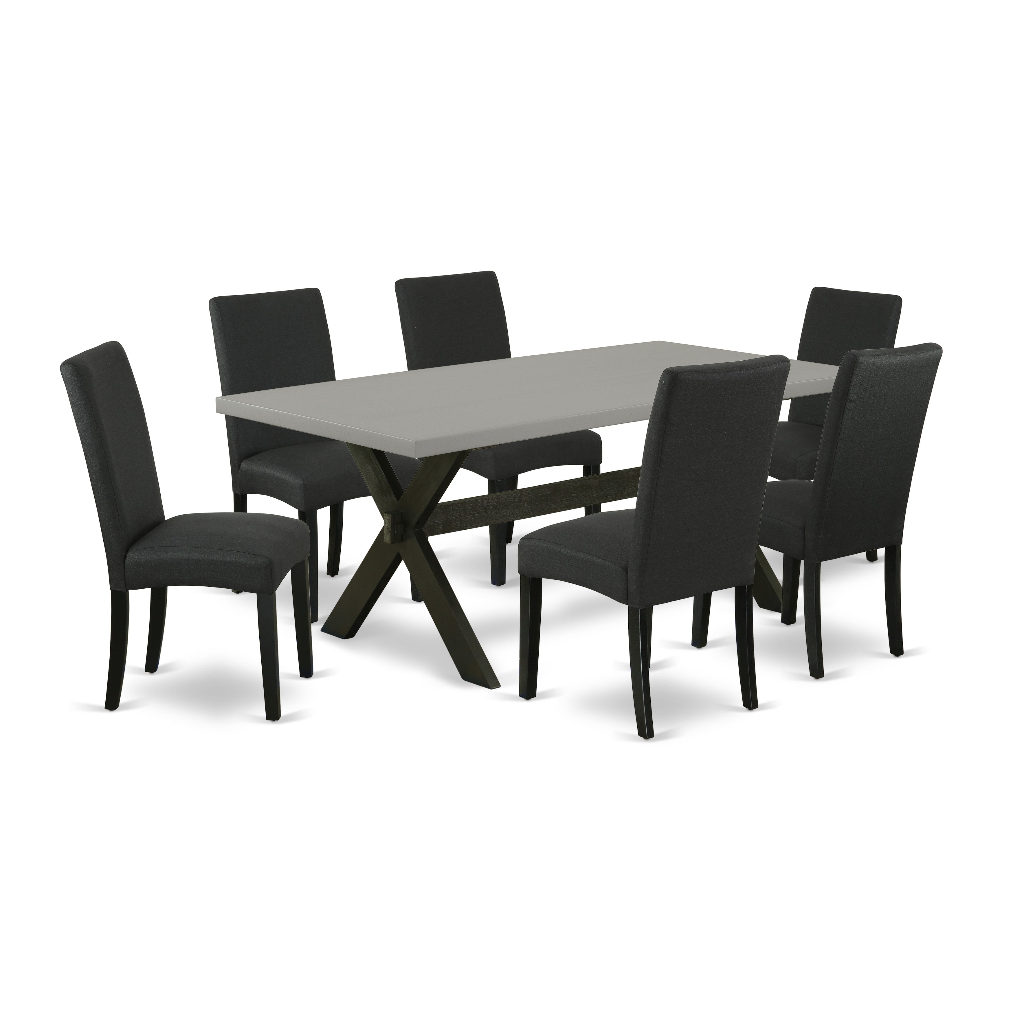 Juego de comedor de 7 piezas East West Furniture X697DR124-7 compuesto por una mesa de comedor rectangular con patas en forma de X y 6 sillas Parson tapizadas en tela de lino de color negro.