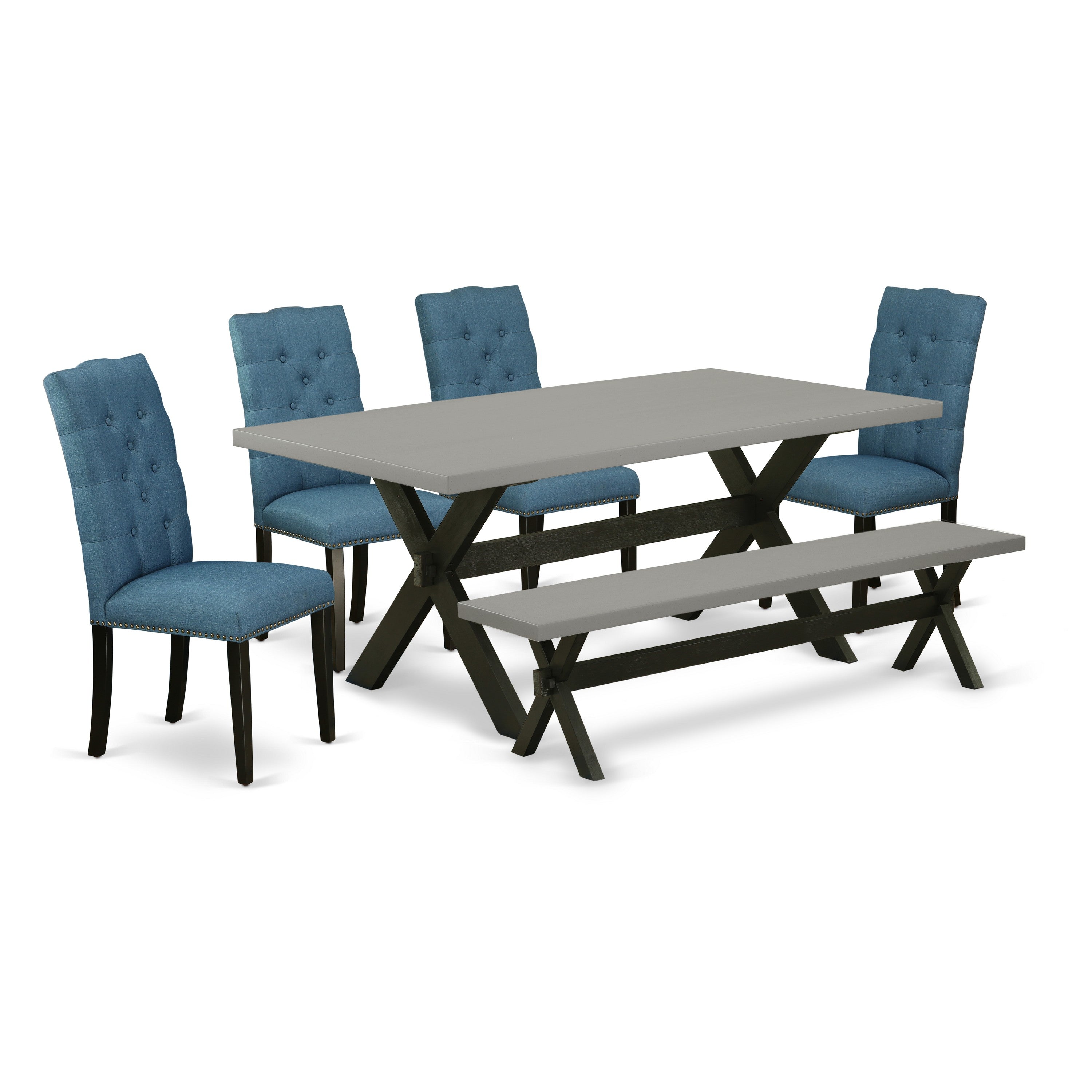 Juego de comedor de 6 piezas East West Furniture X697EL121-6. Contiene una mesa de comedor rectangular con patas en forma de X y 4 sillas Parson de tela de lino azul con un banco.
