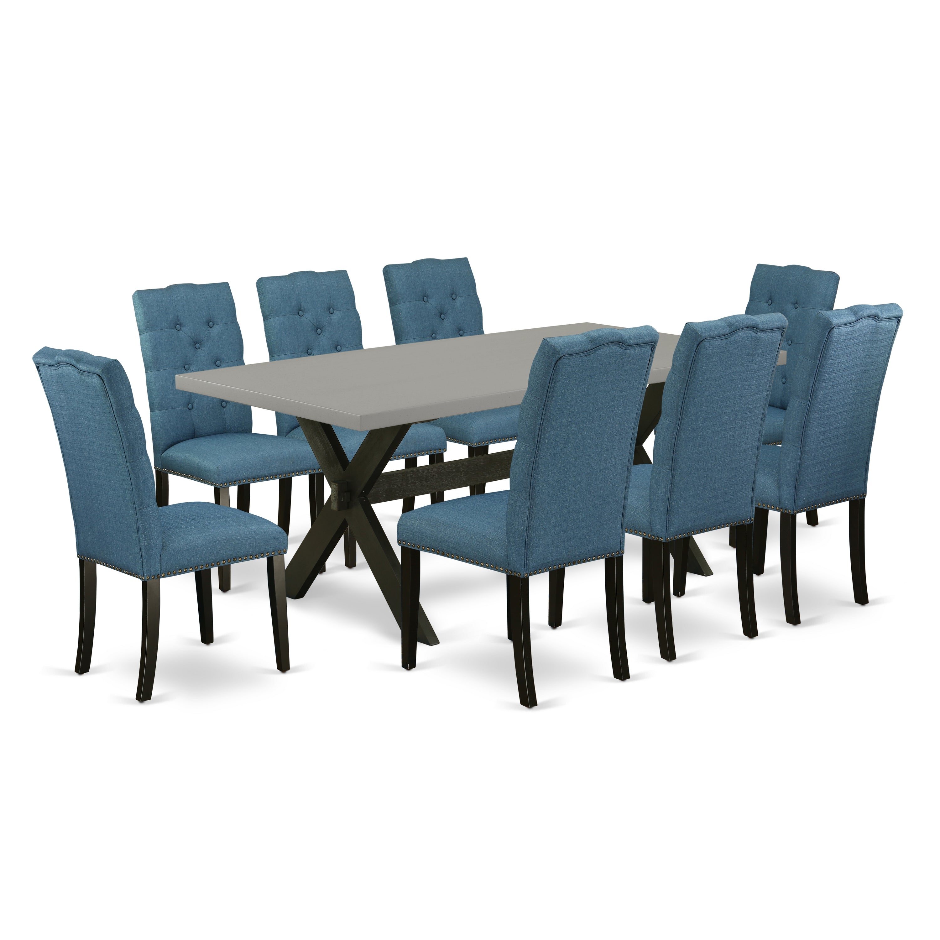 Juego de comedor de 9 piezas East West Furniture X697EL121-9. Incluye una mesa de comedor rectangular con patas en forma de X y 8 sillas tapizadas en tela de lino azul.