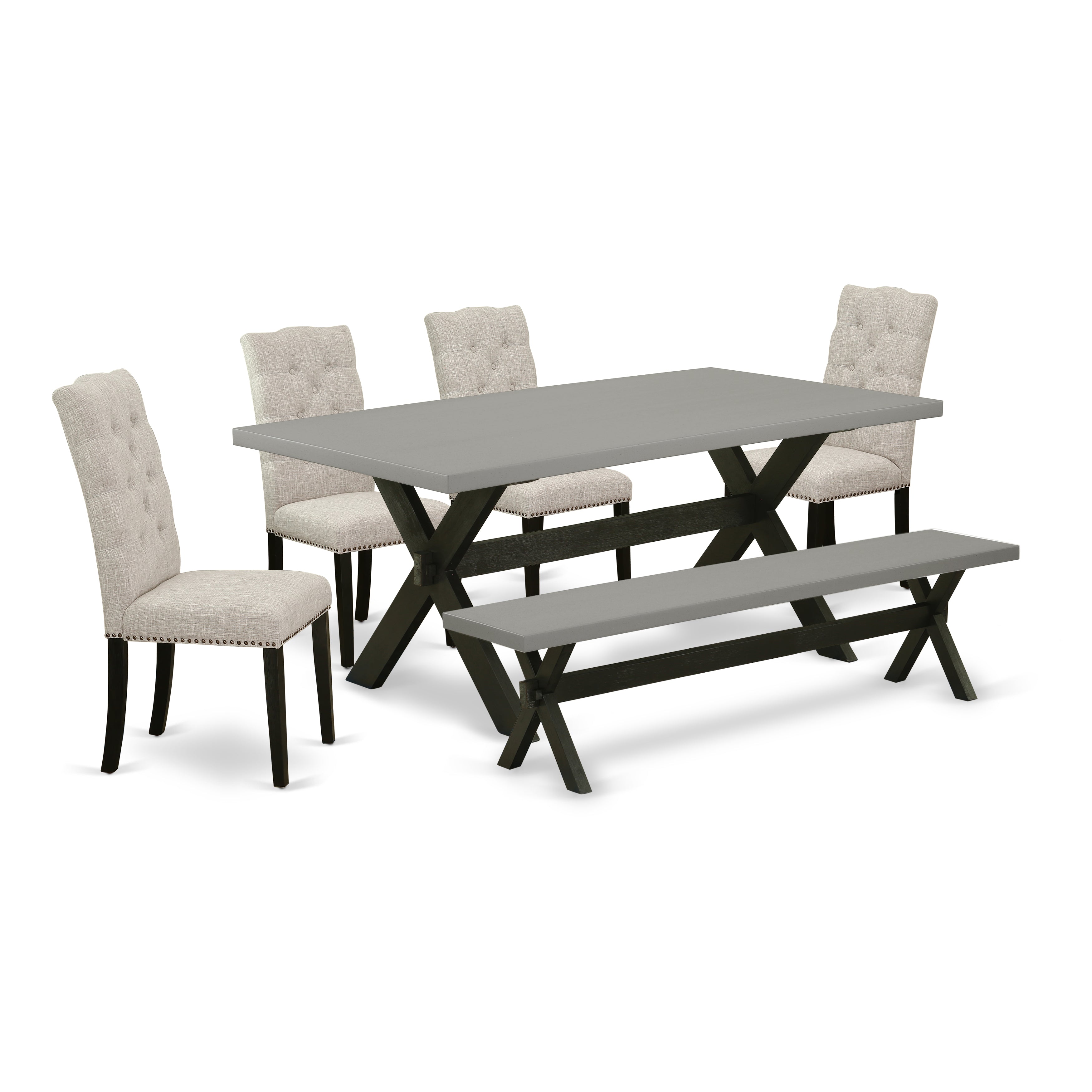 Juego de mesa de comedor de 6 piezas East West Furniture X697EL635-6. Contiene una mesa de comedor rectangular con patas en forma de X y 4 sillas Parson de tela de lino y piel de venado con un banco.