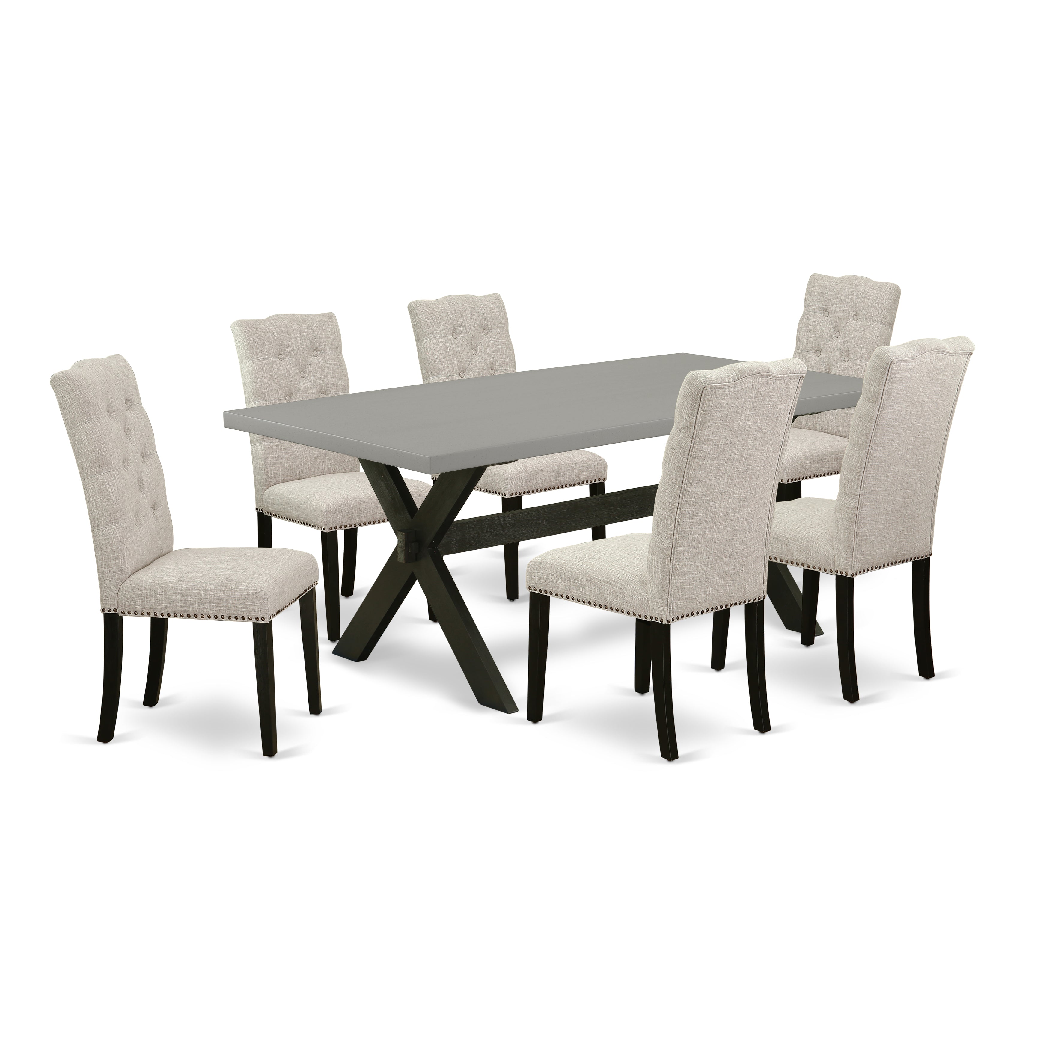 East West Furniture X697EL635-7 7-Pc Dining Set a Great Cement Color Dining Table top and 6 Beautiful Parson Dining chairs with Nail Heads and Button Tufted, Wire Brushed Black Finish