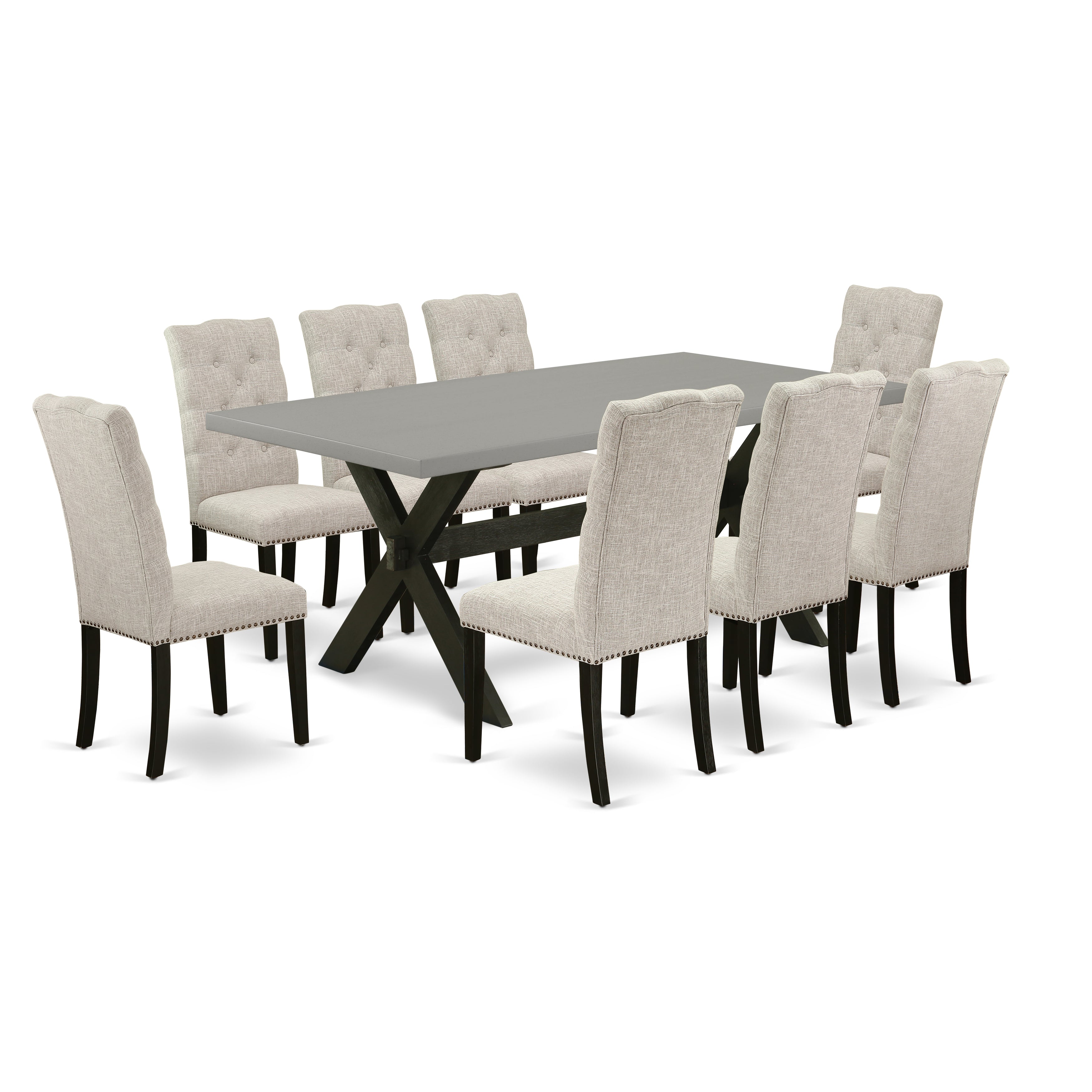 Juego de comedor de 9 piezas East West Furniture X697EL635-9. Incluye una mesa de comedor rectangular con patas en forma de X y 8 sillas Parson tapizadas en tela de lino y piel de venado.