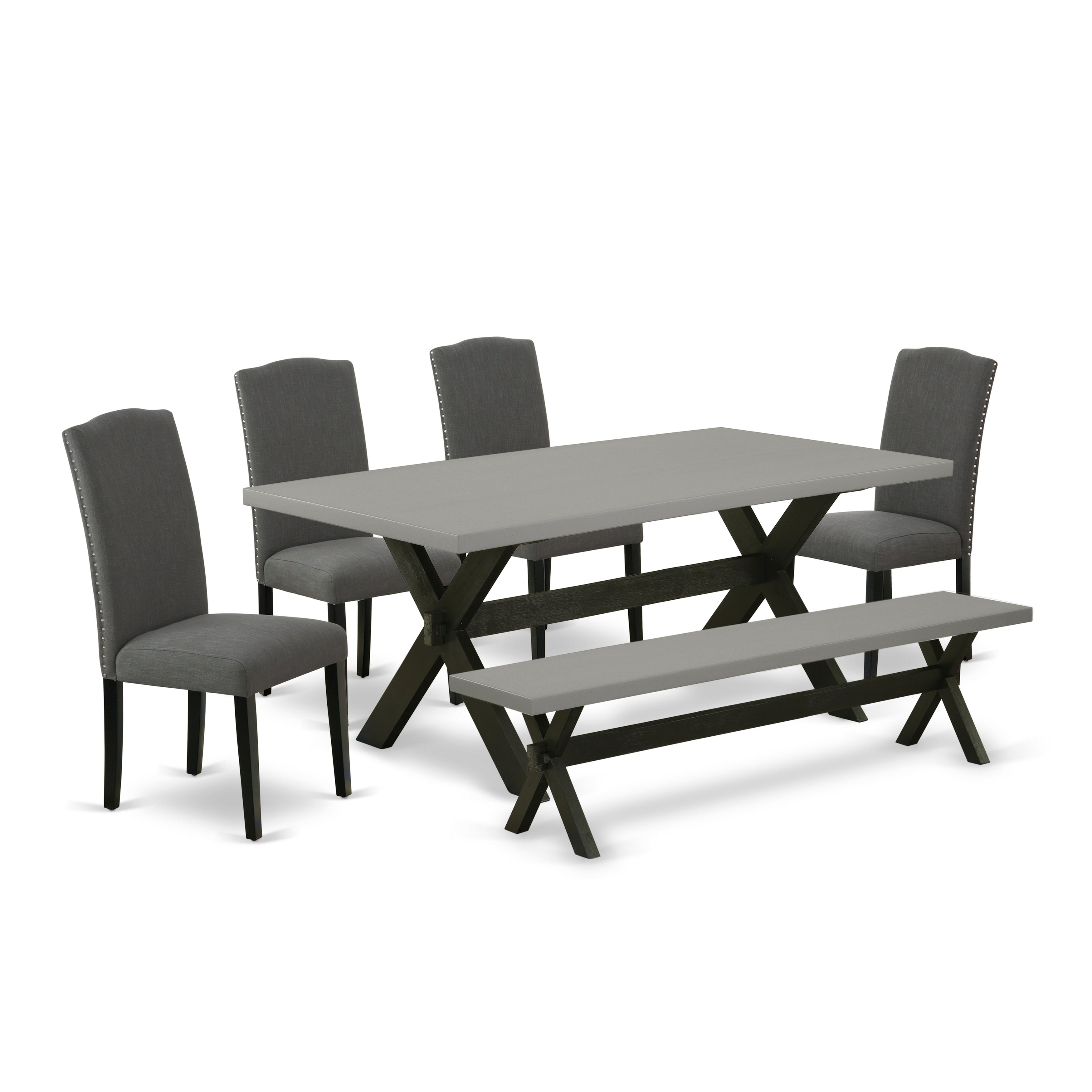 Juego de mesa de comedor de 6 piezas East West Furniture X697EN120-6. Contiene una mesa de comedor rectangular y 4 sillas Parson de tela de lino Gotham oscuro con un banco.