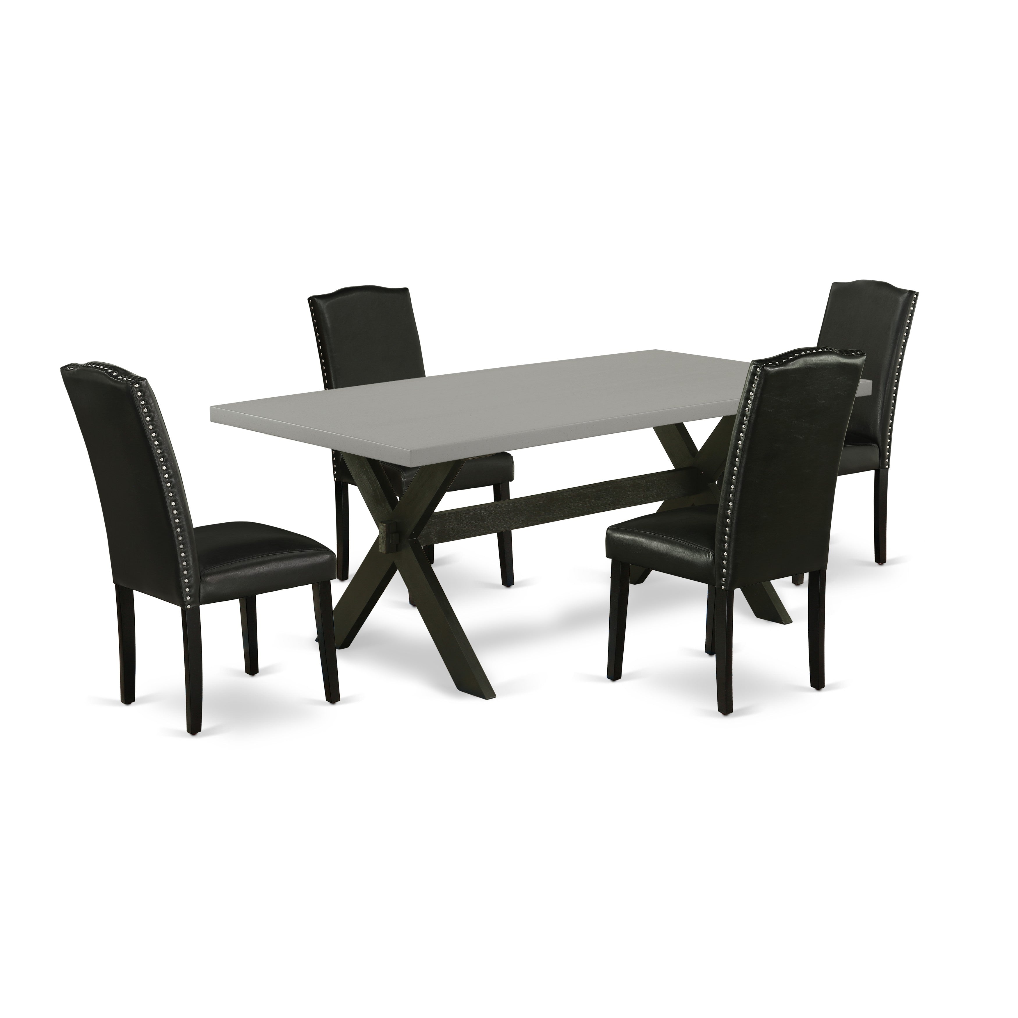 Juego de mesa y sillas de cocina de 5 piezas East West Furniture X697EN169-5. Incluye una mesa de comedor rectangular con patas en forma de X y 4 sillas de comedor Parsons de piel sintética negra.