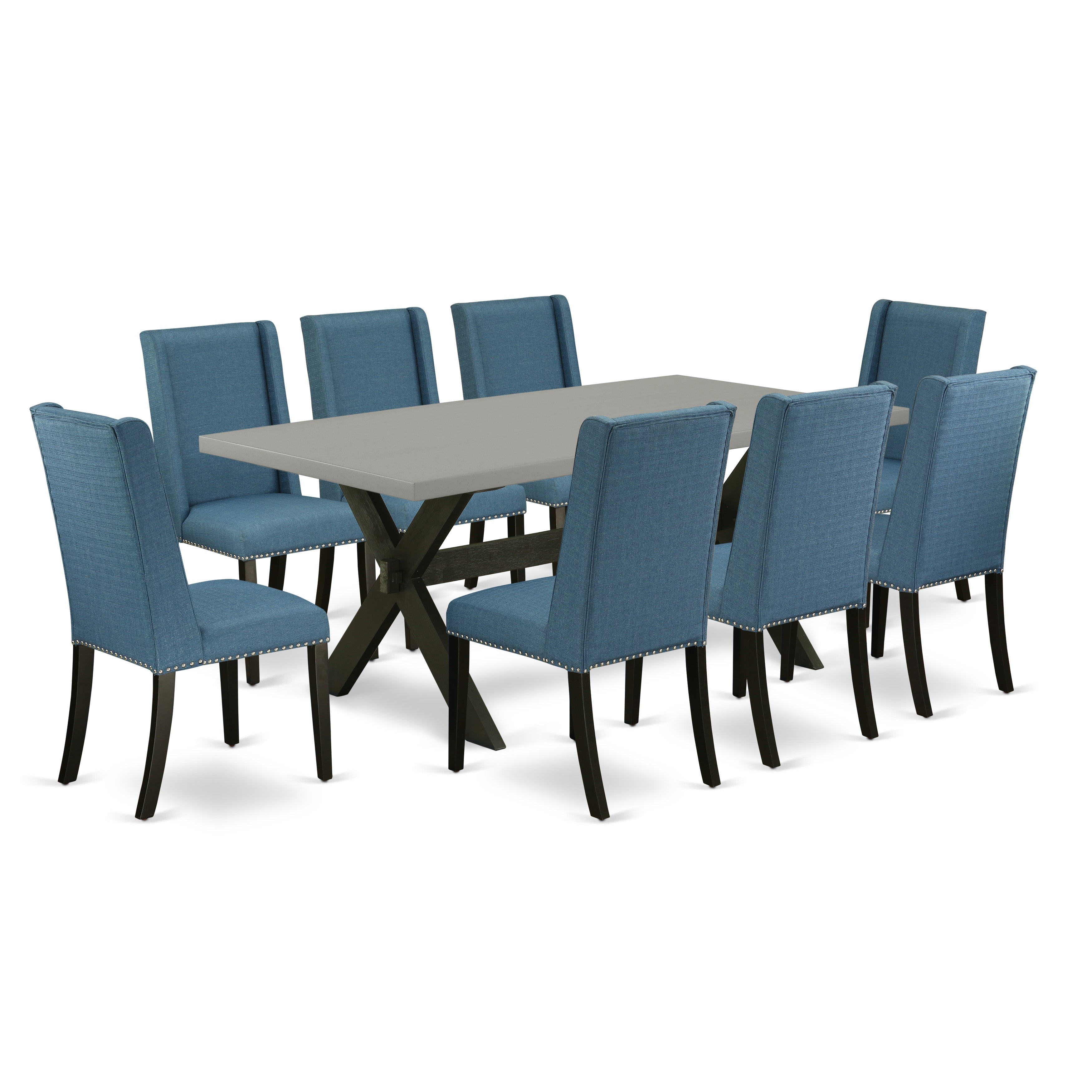 East West Furniture X697FL121-9 9-Piece Rectangular Dining Table Set a beautiful Cement Small Kitchen Table top and 8 Wonderful Parson�s chairs with Nail Heads and Curved Back, Wire Brushed Black Finish