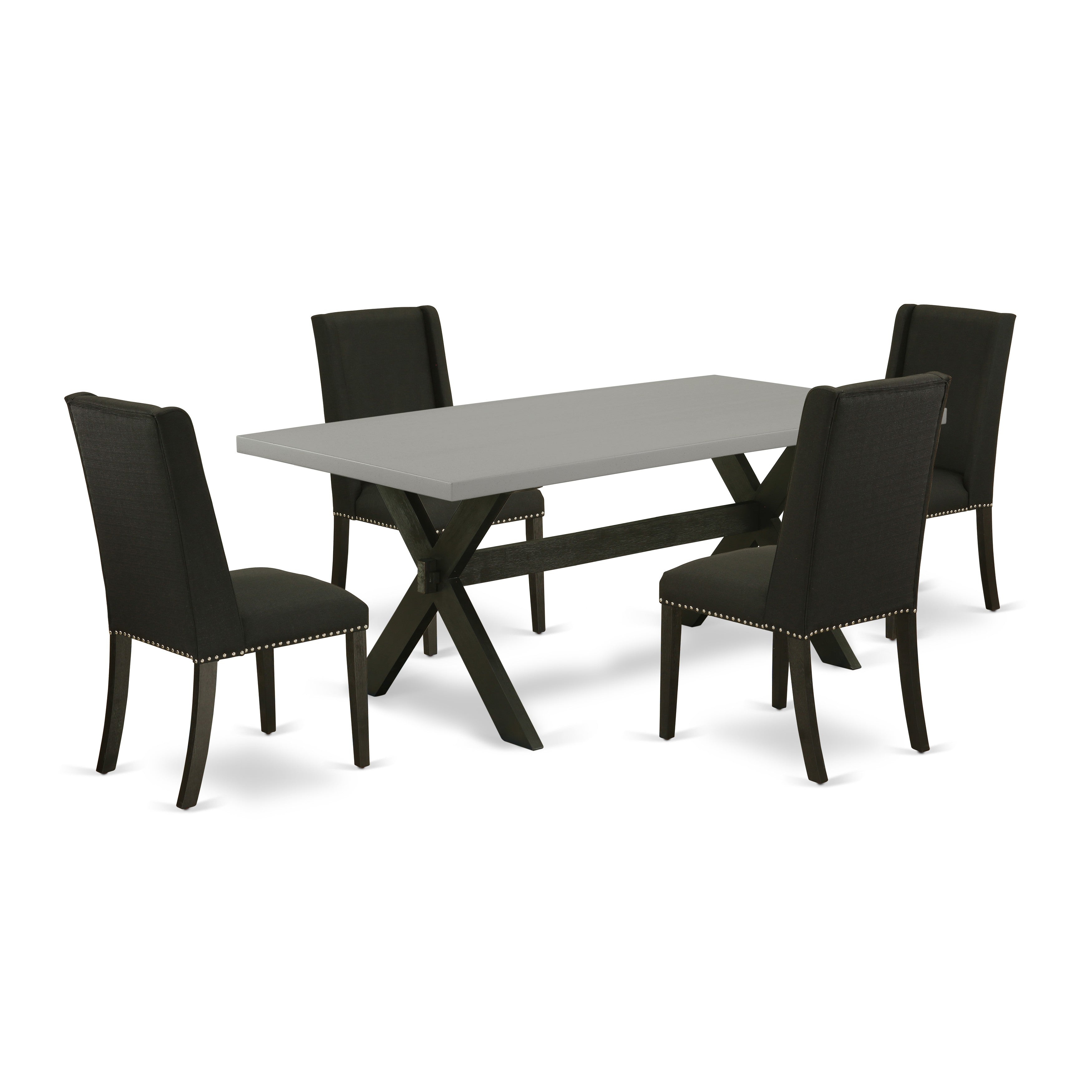 Juego de mesa y sillas de cocina de 5 piezas East West Furniture X697FL624-5. Incluye una mesa de comedor rectangular con patas en forma de X y 4 sillas de comedor Parson de tela de lino negro.