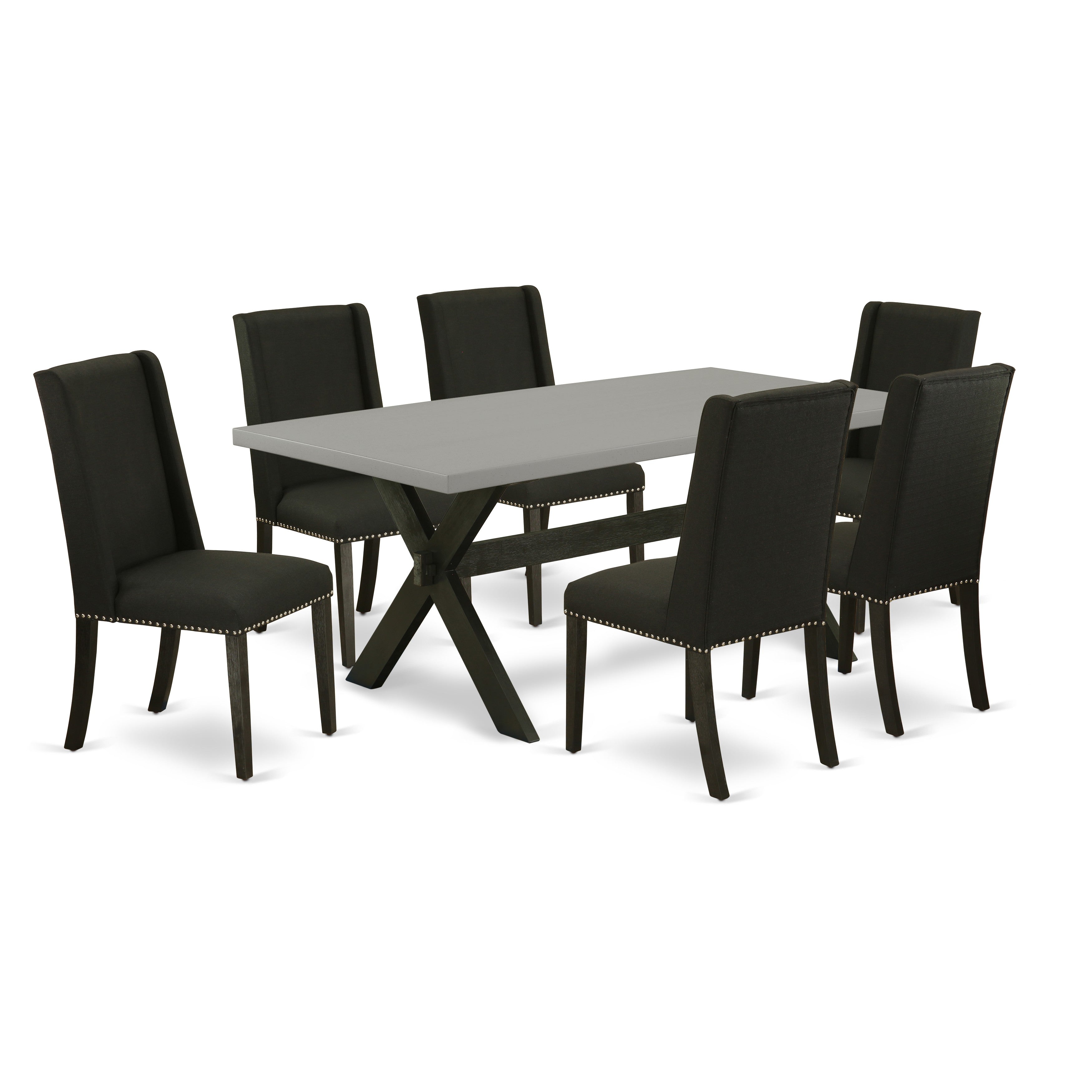 Juego de comedor de 7 piezas East West Furniture X697FL624-7 compuesto por una mesa de comedor rectangular con patas en forma de X y 6 sillas Parsons de tela de lino negro.