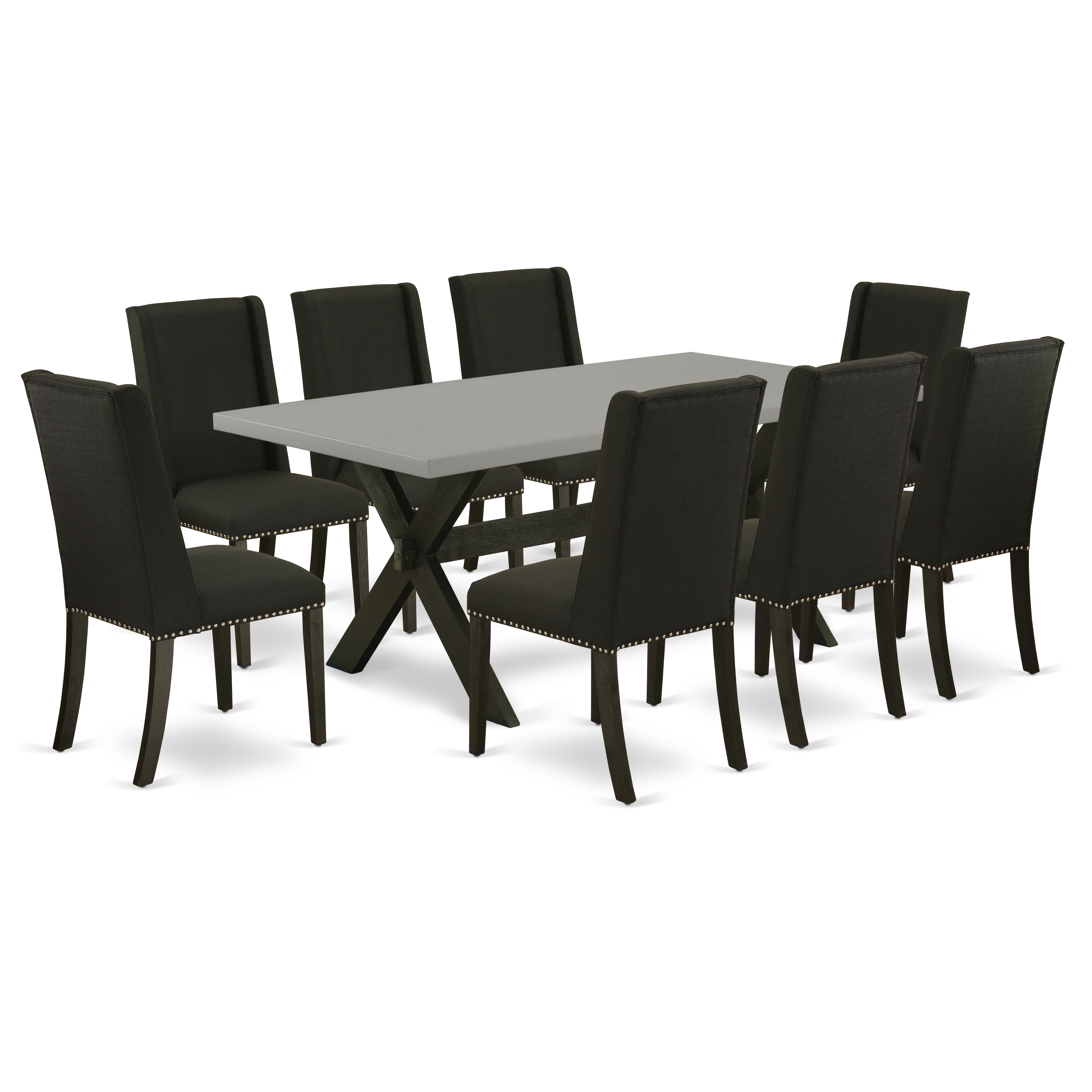 Juego de comedor de 9 piezas East West Furniture X697FL624-9. Incluye una mesa de comedor rectangular con patas en forma de X y 8 sillas tapizadas en tela de lino negro.