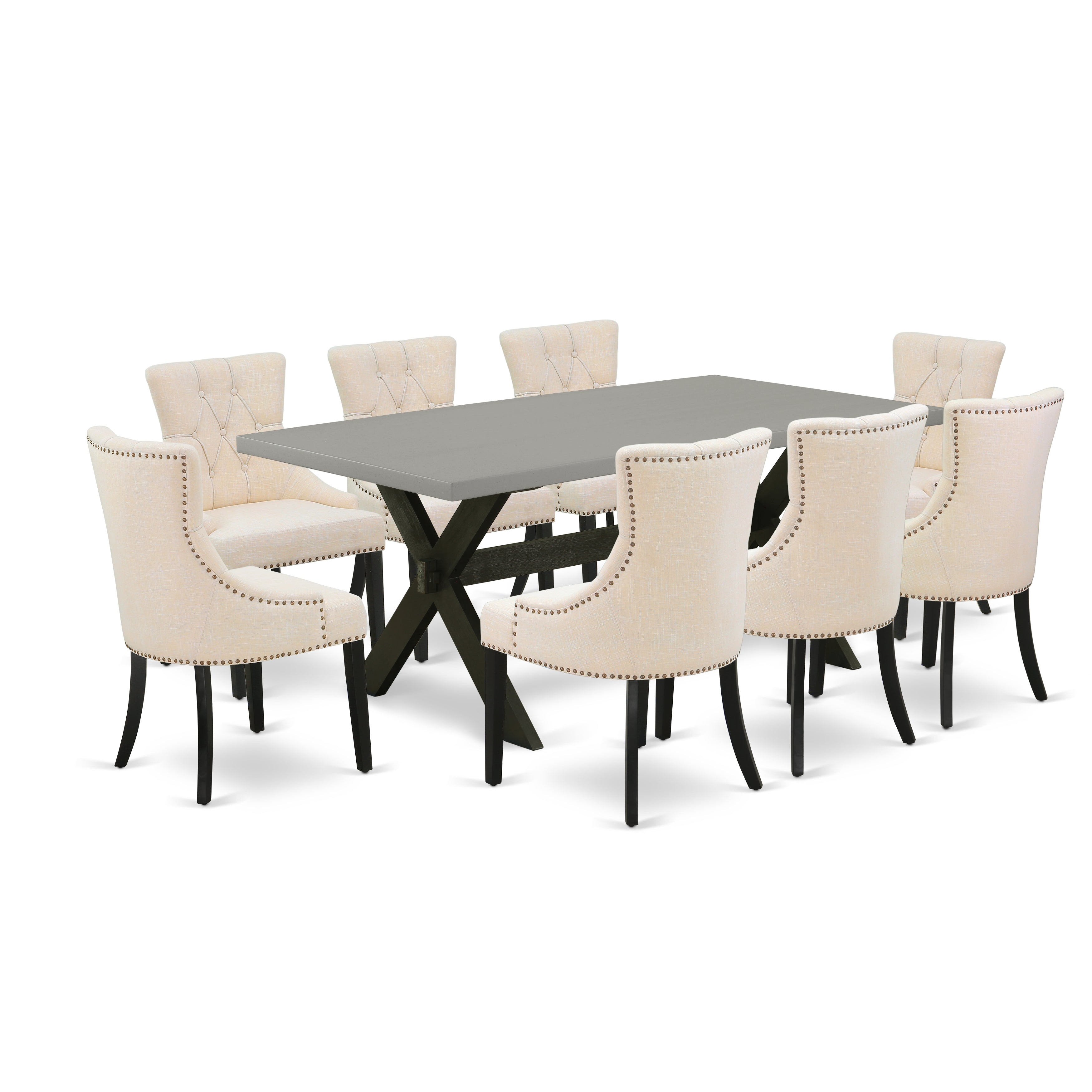 Juego de comedor East West Furniture X697FR102-9 de 9 piezas. Incluye una mesa de comedor rectangular con patas en forma de X y 8 sillas tapizadas en tela de lino beige claro.