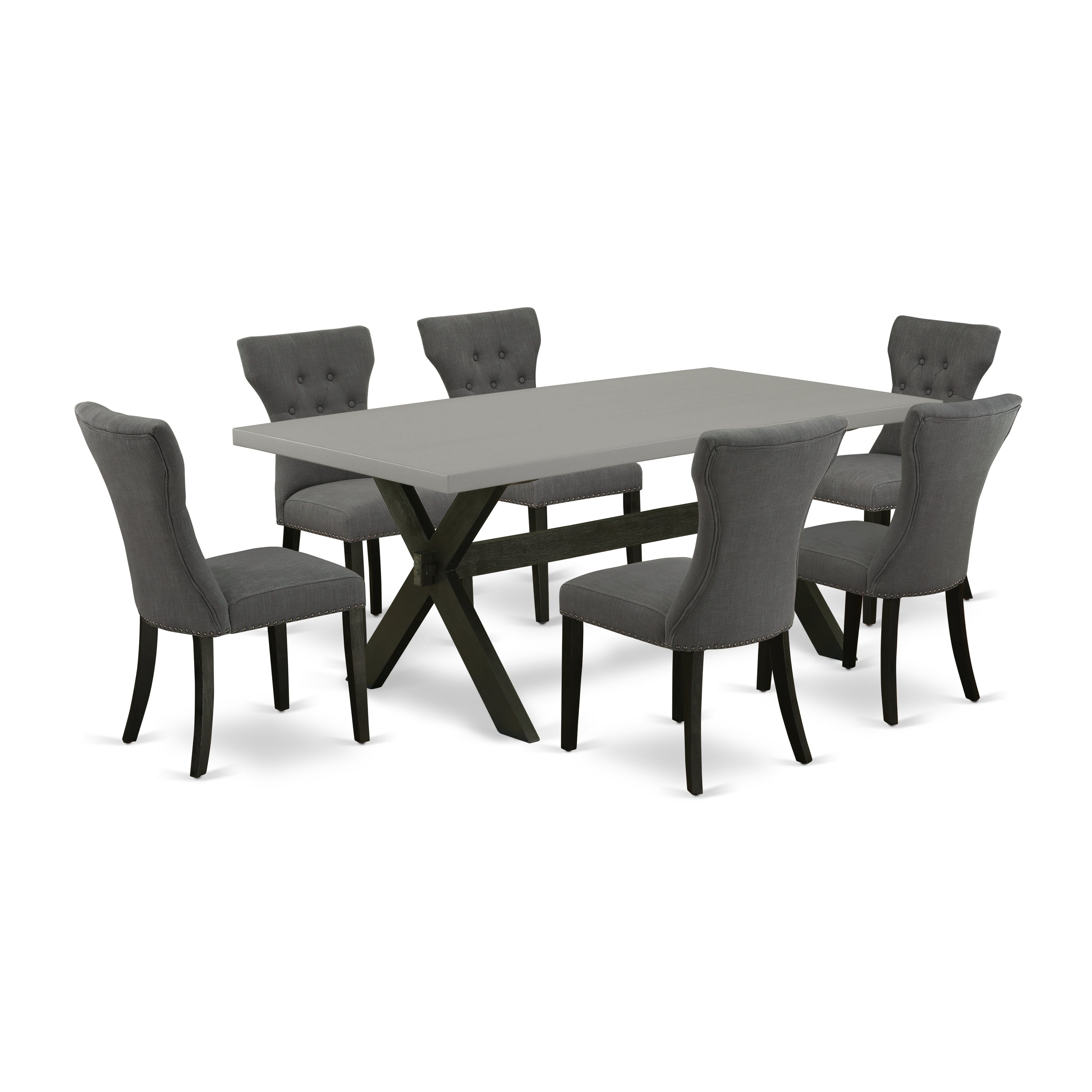 East West Furniture X697GA650-7 7-Piece dining room table set a beautiful Cement Color dining room Table top and 6 Beautiful dining room chairs with Nail heads and Button Tufted, Wire Brushed Black Finish