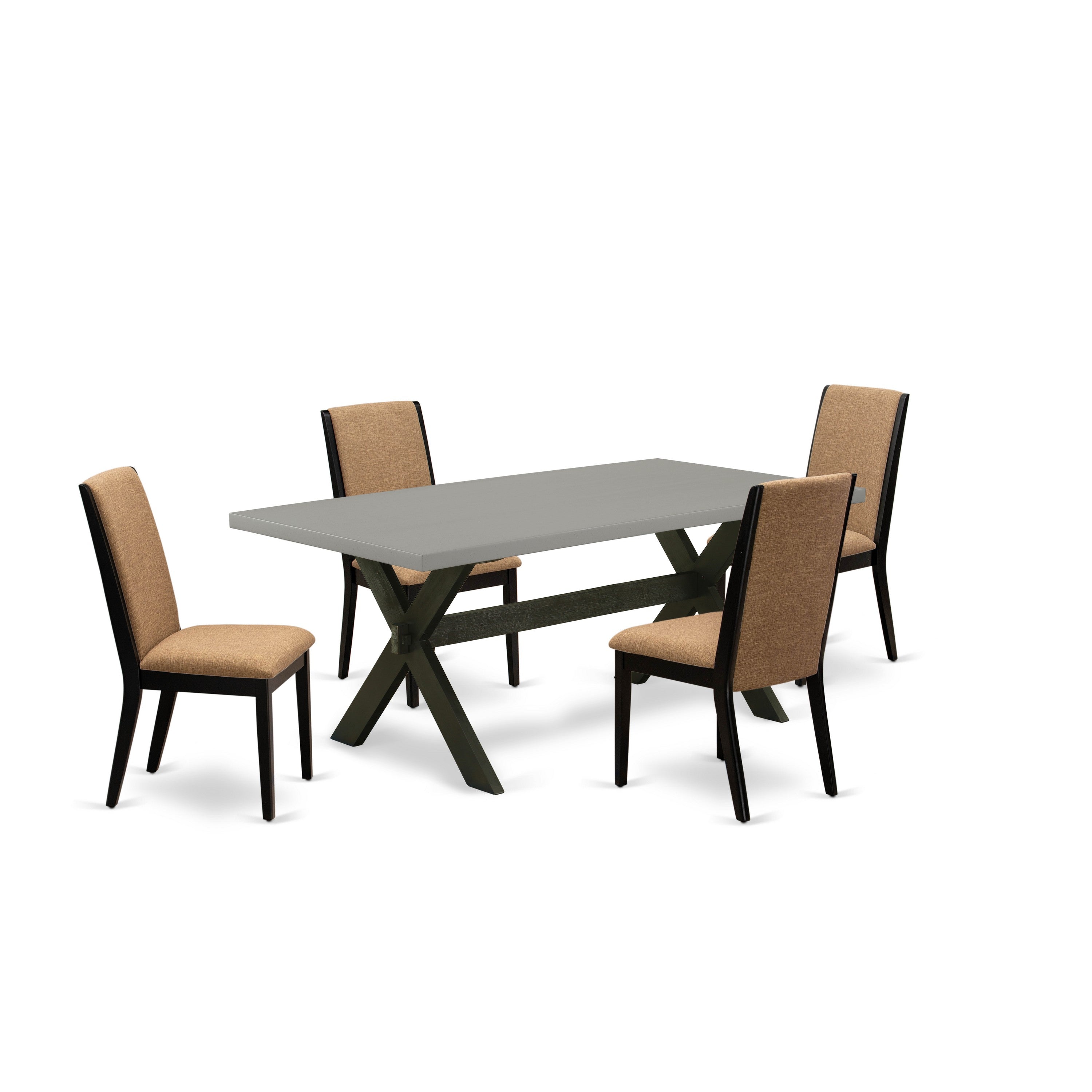 Juego de mesa de comedor de 5 piezas East West Furniture X697LA147-5 Incluye una mesa de comedor rectangular con patas en forma de X y 4 sillas tapizadas en tela de lino color sable claro