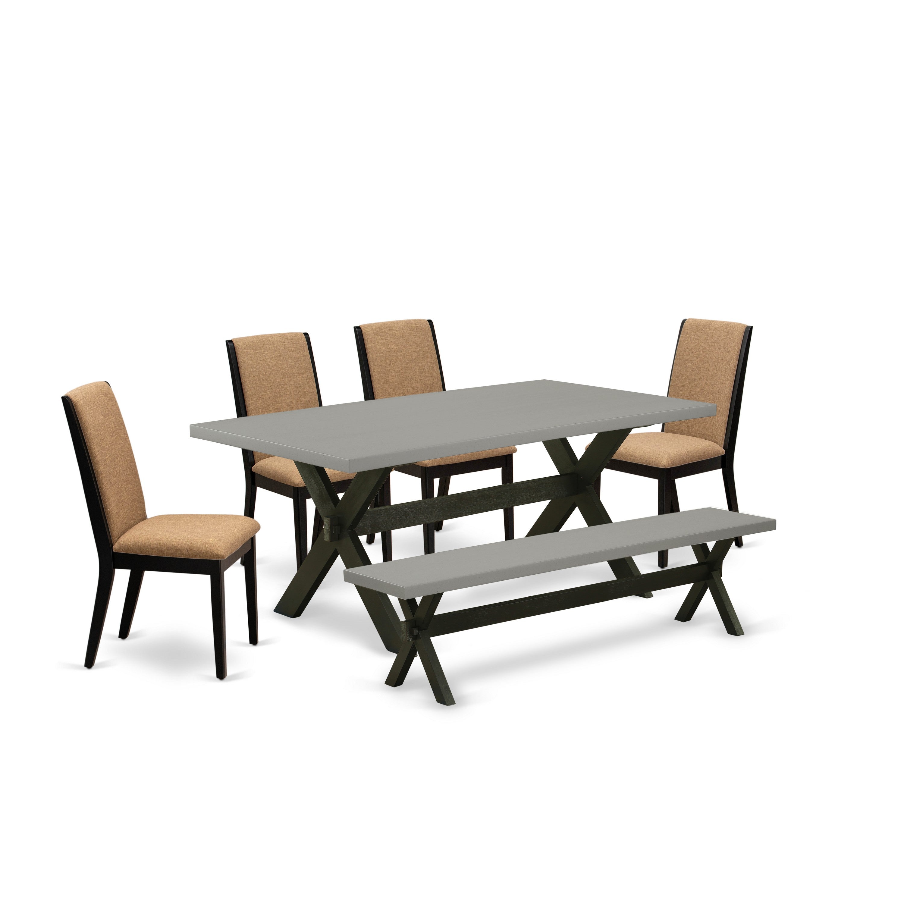 Juego de mesa de comedor de 6 piezas East West Furniture X697LA147-6. Contiene una mesa de comedor rectangular y 4 sillas Parson de tela de lino color sable claro con un banco.