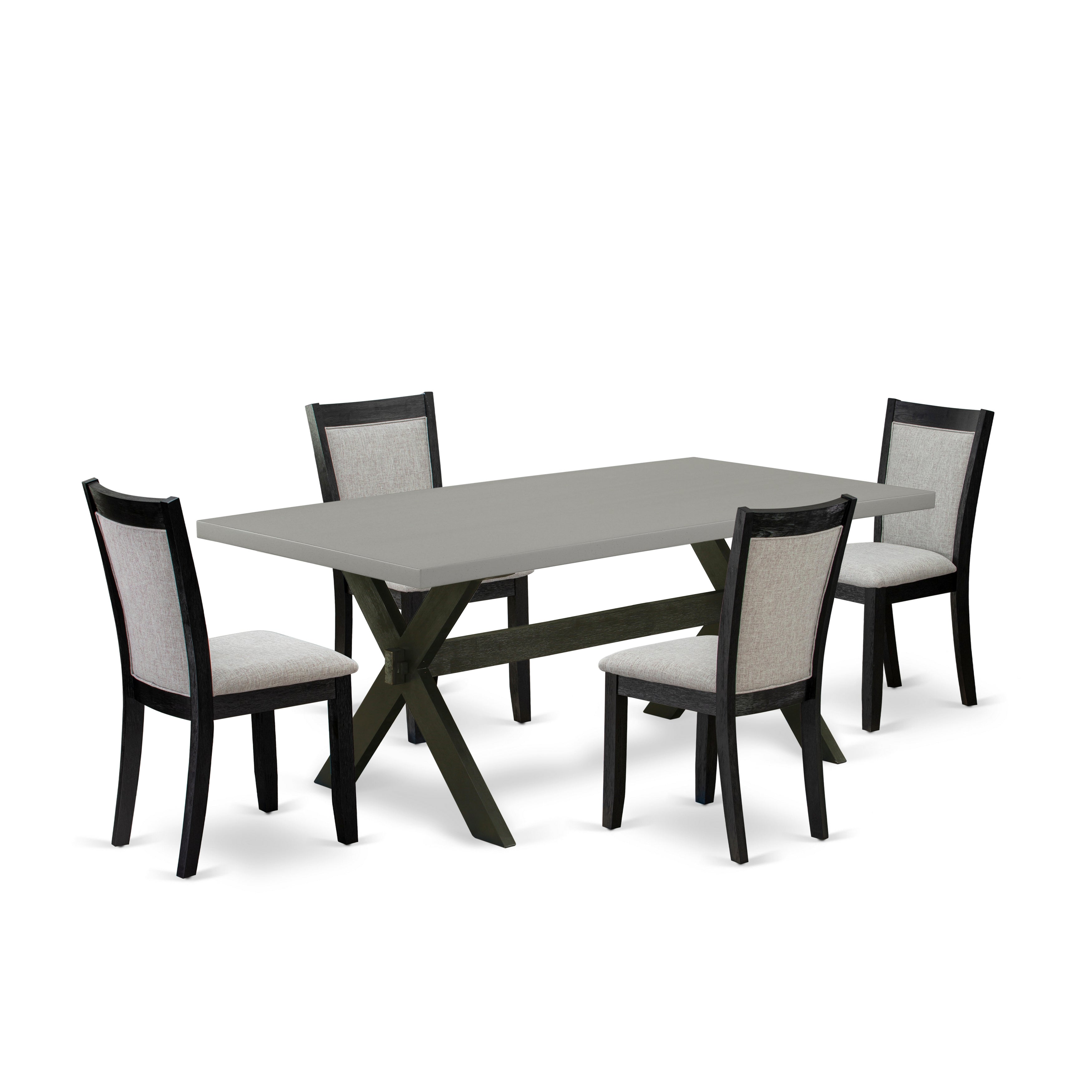 East West Furniture X697MZ606-5 5 Piece Modern Dining Set - A Cement Top Dinner Table with Trestle Base and 4 Shitake Linen Fabric Wood Dining Chairs - Wire Brushed Black Finish