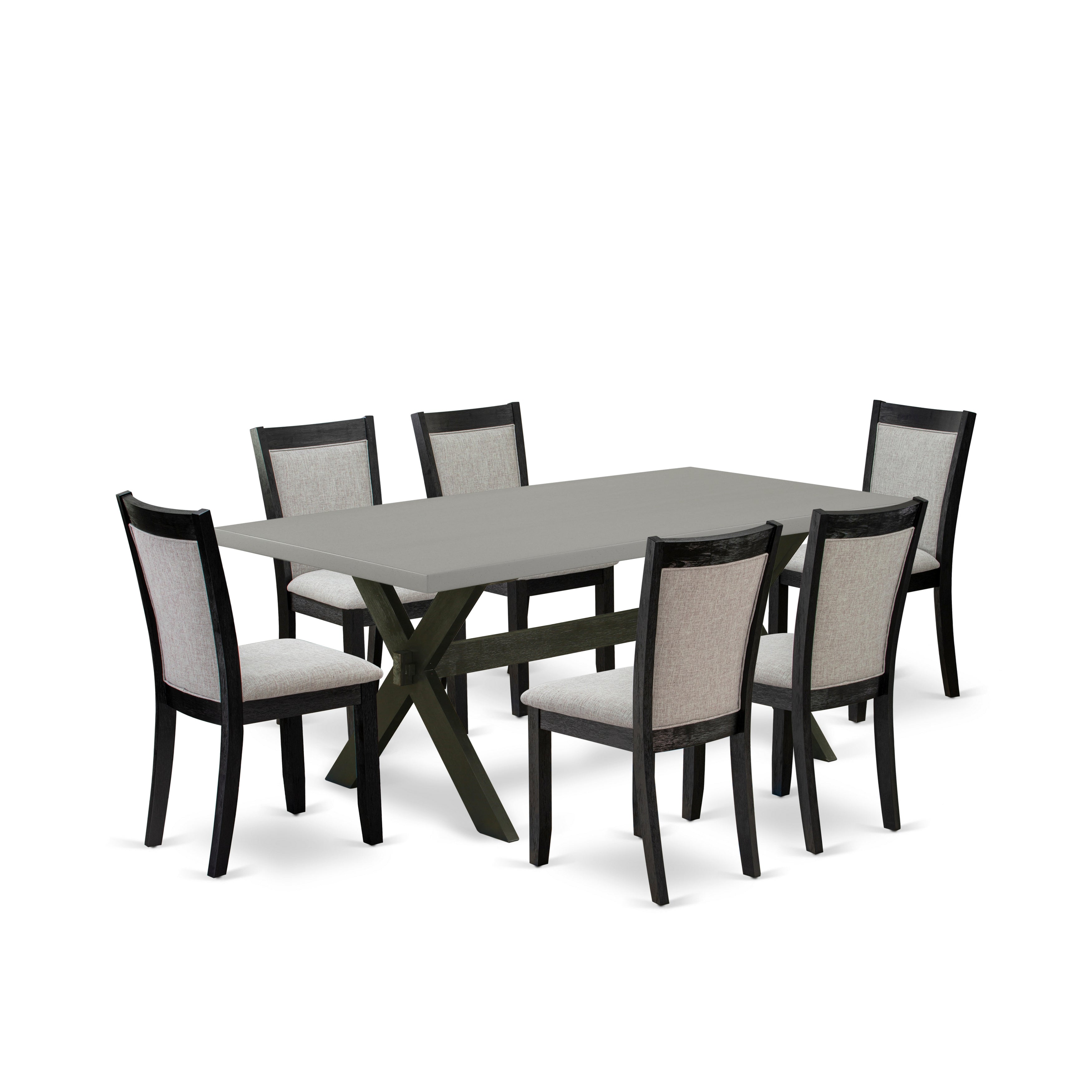 East West Furniture X697MZ606-7 7 Piece Mid Century Modern Dining Set - Cement Top Wooden Dining Table with Trestle Base and 6 Shitake Linen Fabric Dining Room Chairs - Wire Brushed Black Finish