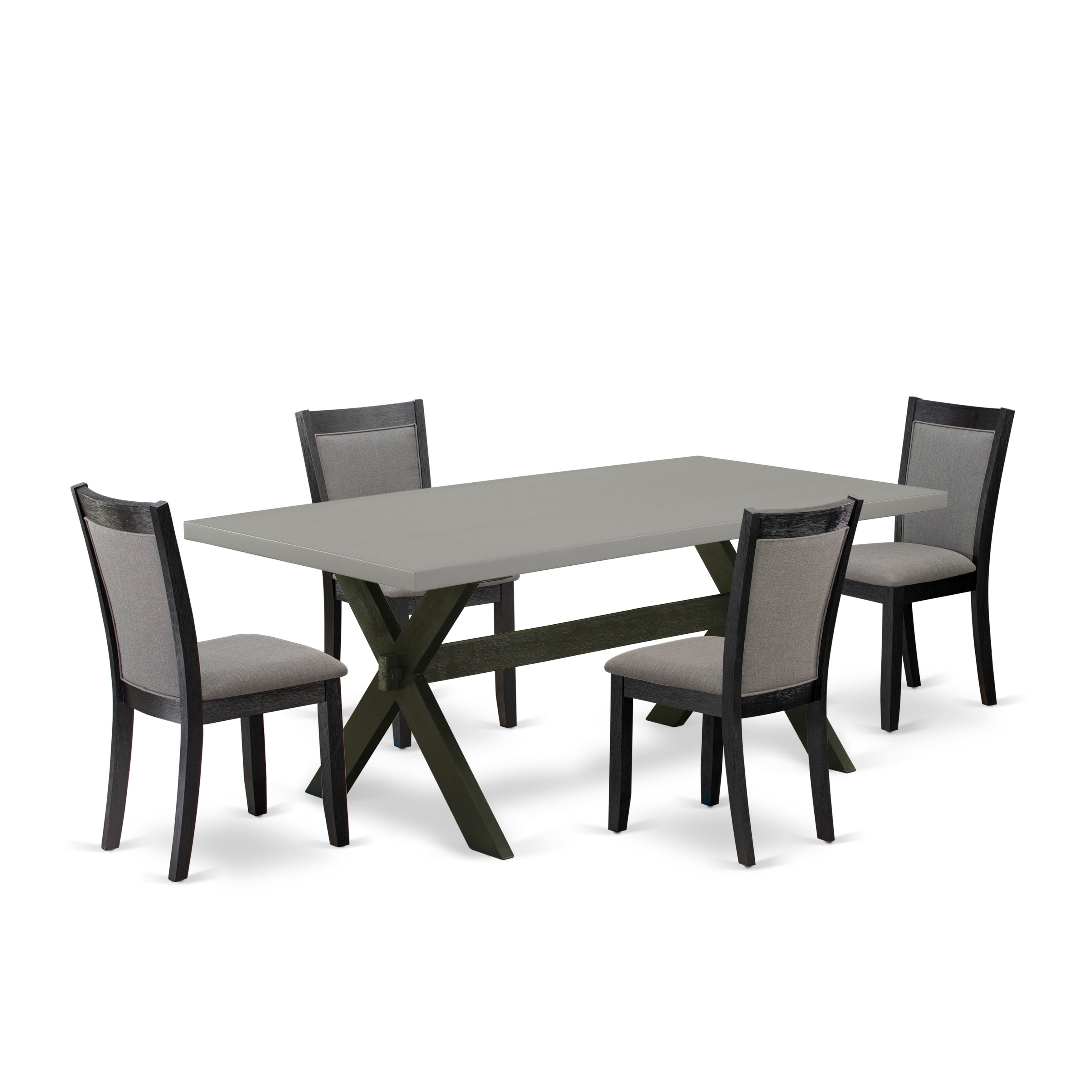 East West Furniture X697MZ650-5 5 Piece Dining Room Table Set - Cement Top Wood Dining Table with Trestle Base and 4 Dark Gotham Grey Linen Fabric Kitchen Chairs - Wire Brushed Black Finish