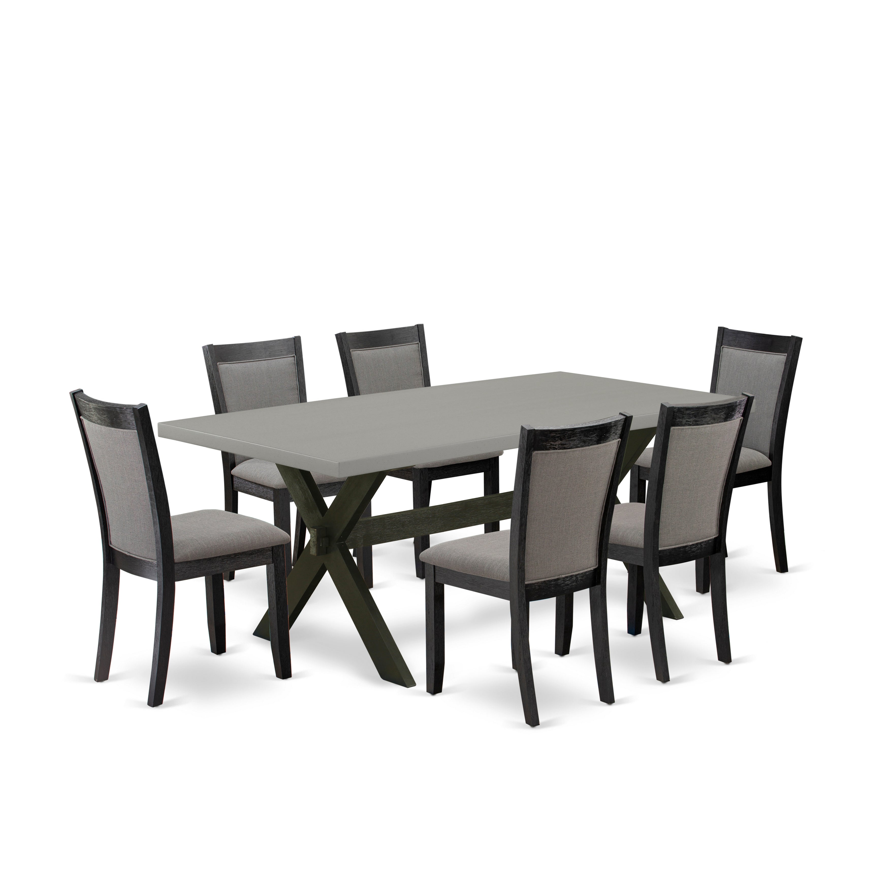 East West Furniture X697MZ650-7 7 Piece Kitchen Dining Table Set - Cement Top Modern Kitchen Table with Trestle Base and 6 Dark Gotham Grey Linen Fabric Dining Room Chairs - Wire Brushed Black Finish