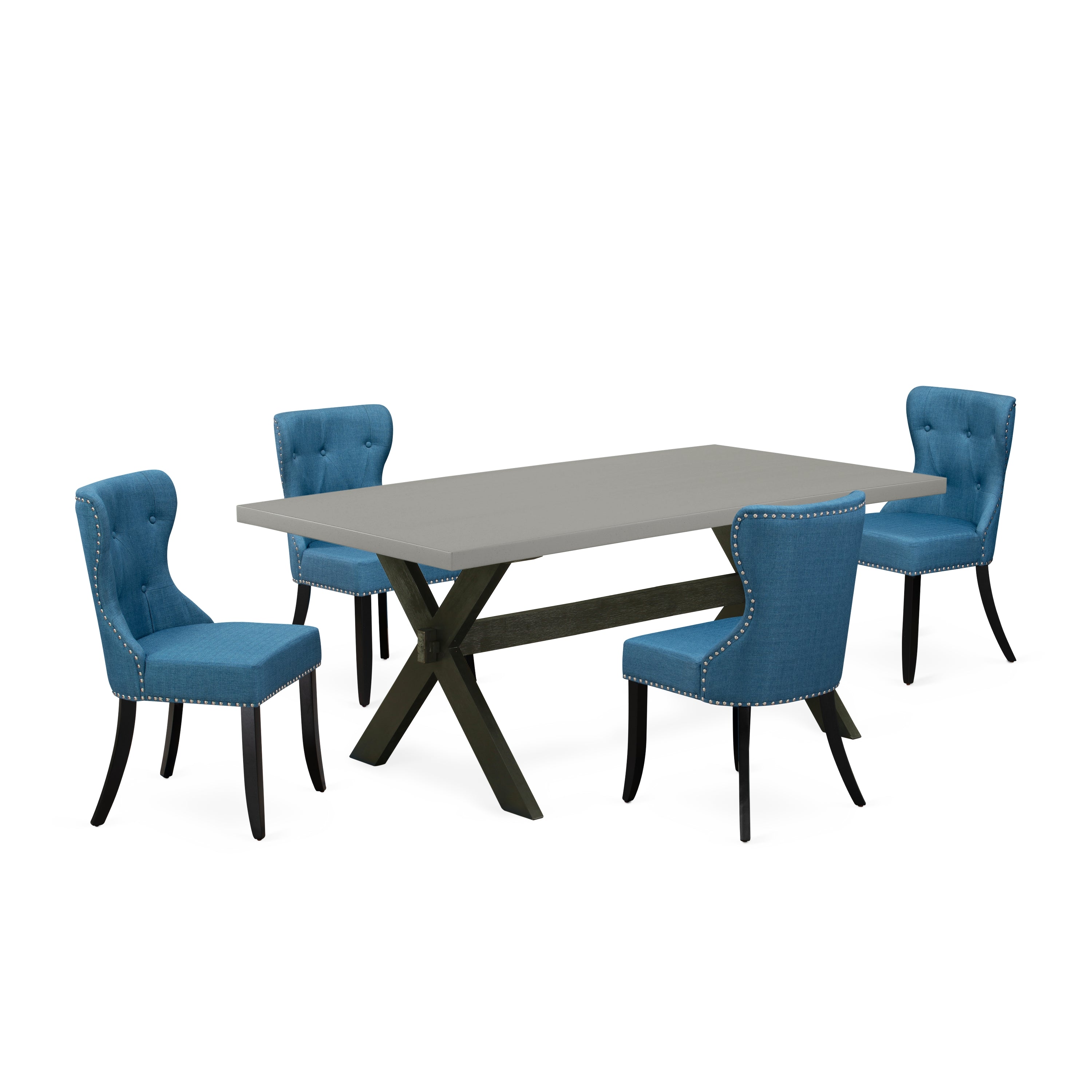 East West Furniture X697SI121-5 5-Piece Dining Room Table Set- 4 kitchen chairs with Blue Linen Fabric Seat and Button Tufted Chair Back - Dining Room Table - Cement Finish