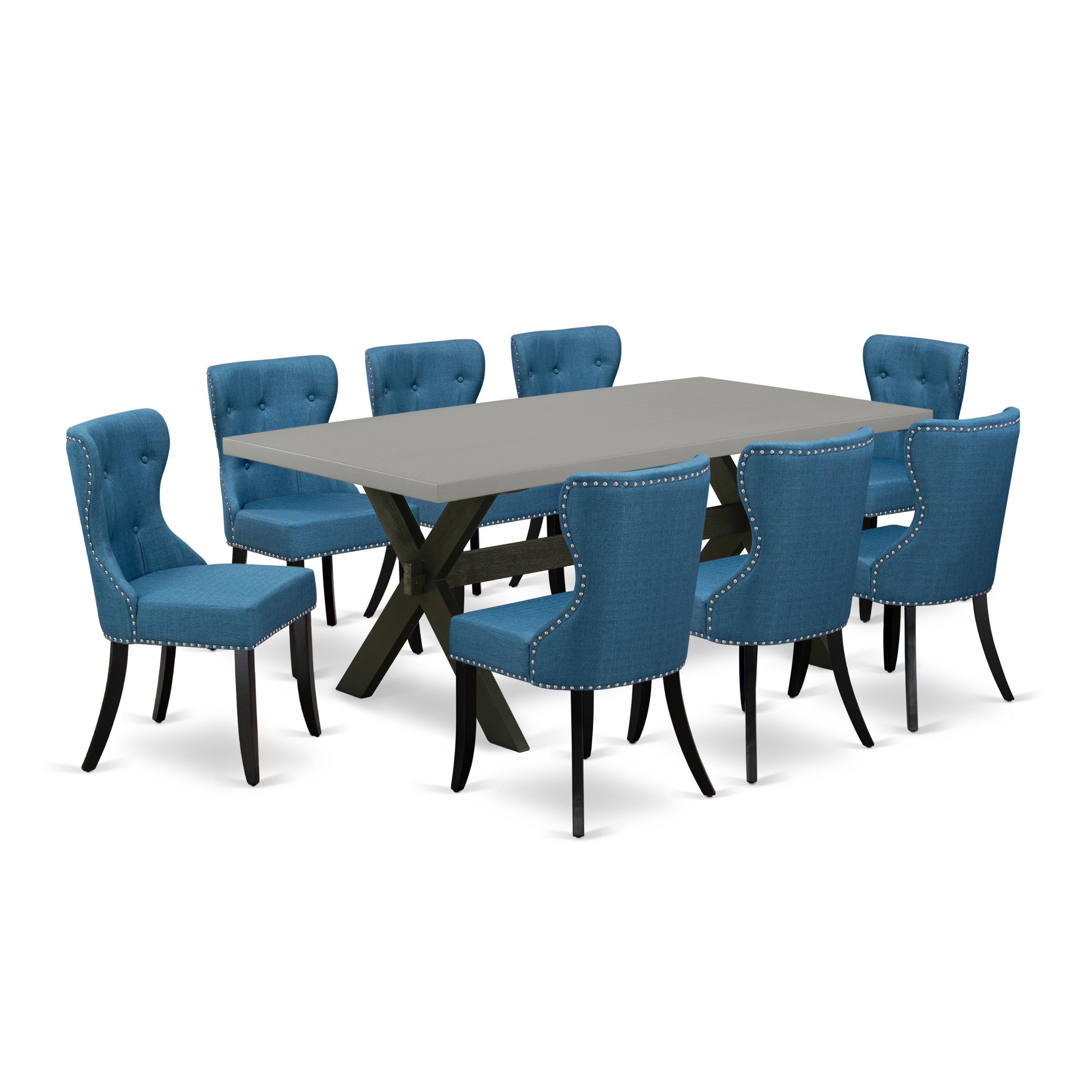 East West Furniture 9-Pc Dining Room Set- 8 Mid Century Dining Chairs with Blue Linen Fabric Seat and Button Tufted Chair Back - Rectangular Table top & Wooden Cross Legs - Cement and Black Finish
