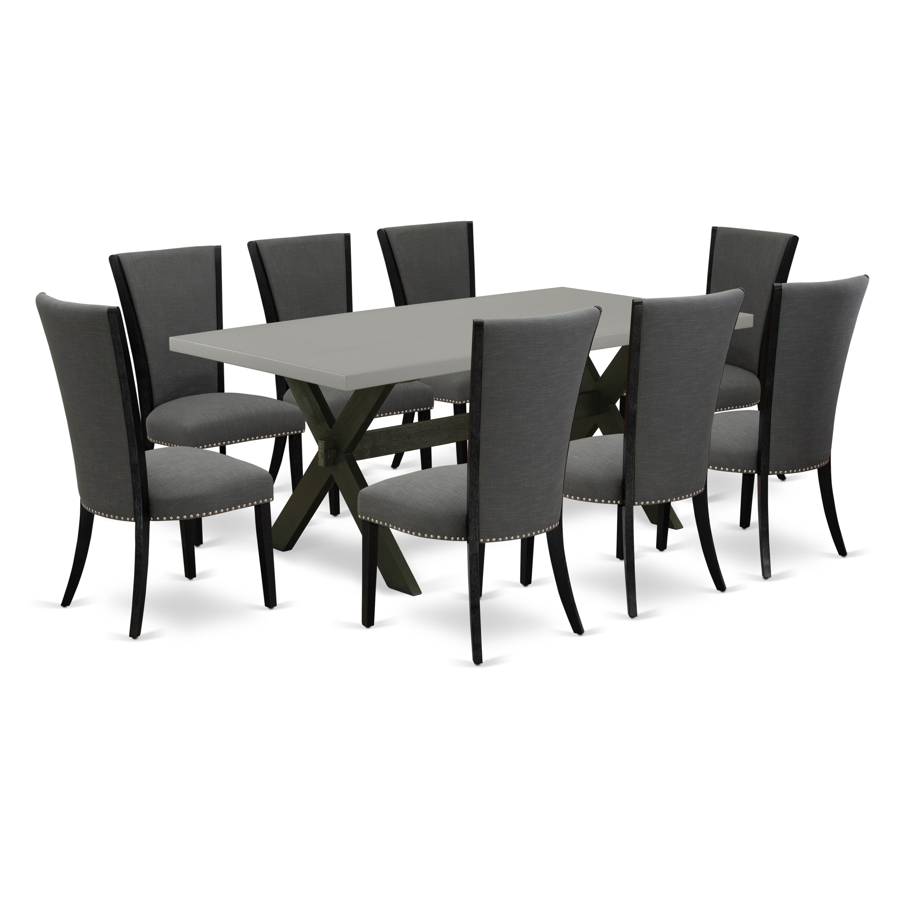 East West Furniture X697VE650-9 9Pc Kitchen and Dining Room Table Set Consists of a Dining Table and 8 Parsons Dining Chairs with Dark Gotham Grey Color Linen Fabric, Medium Size Table with Full Back Chairs, Wirebrushed Black and Cement Finish