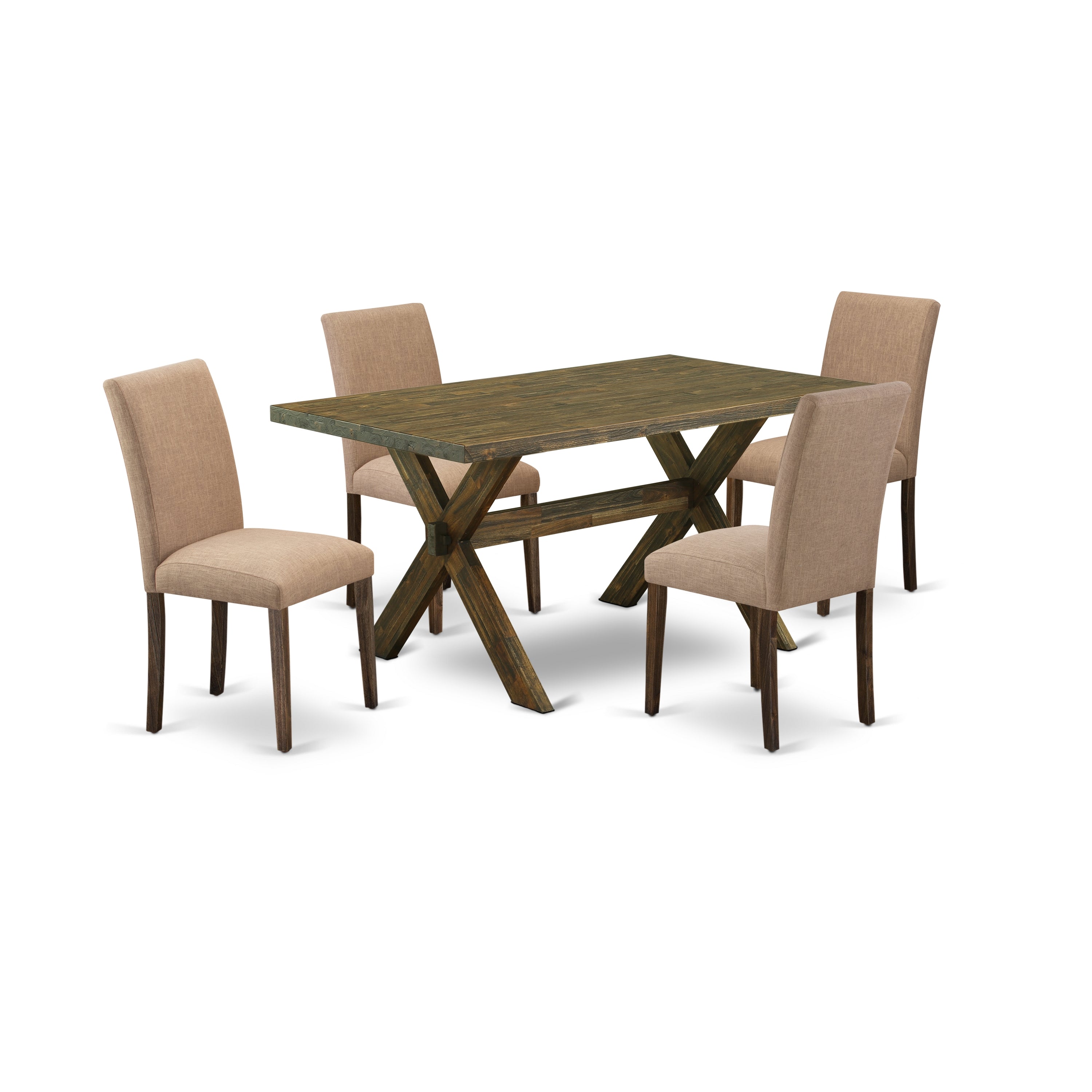 El juego de mesa de cocina de 5 piezas East West Furniture X776AB747-5 incluye una mesa de comedor rectangular con patas en forma de X y 4 sillas de comedor Parson de tela de lino color sable claro.