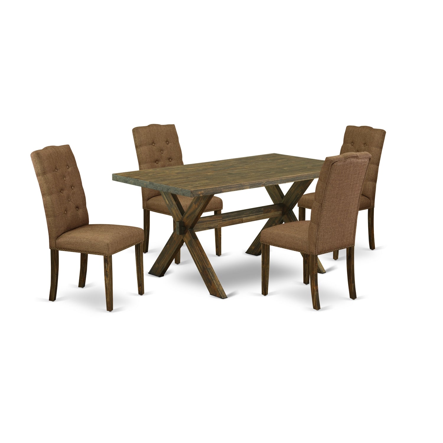 East West Furniture X776EL718-5 5-Piece Dining room Table SetIncluded 4 Dining chairs Upholstered Seat and High Button Tufted Chair Back and Rectangular Dining Table with Distressed Jacobean Mid Century Dining Table top (Distressed Jacobean Finish)