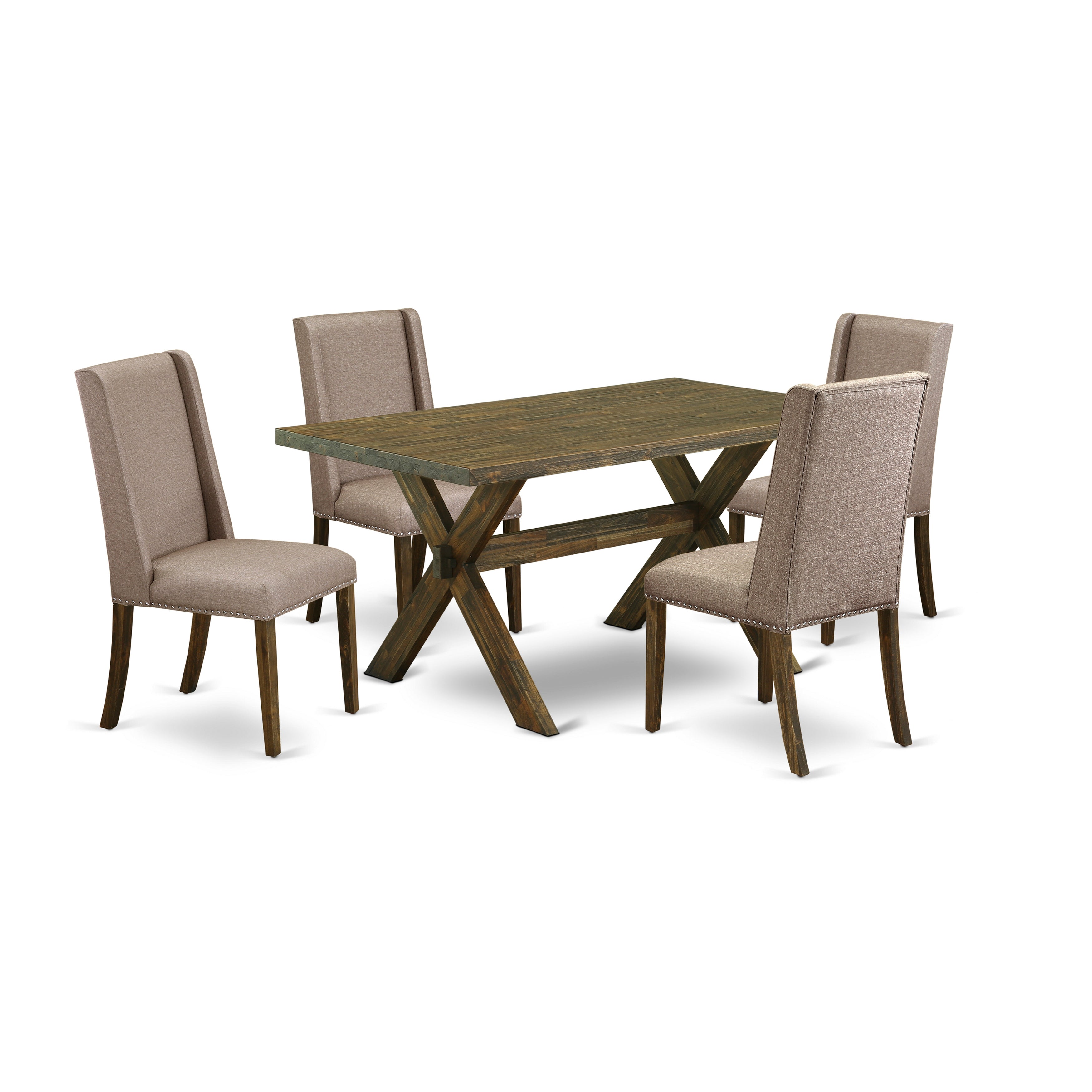 Juego de mesa y sillas de cocina de 5 piezas East West Furniture X776FL716-5. Incluye una mesa de comedor rectangular con patas en forma de X y 4 sillas Parson de tela de lino color caqui oscuro.