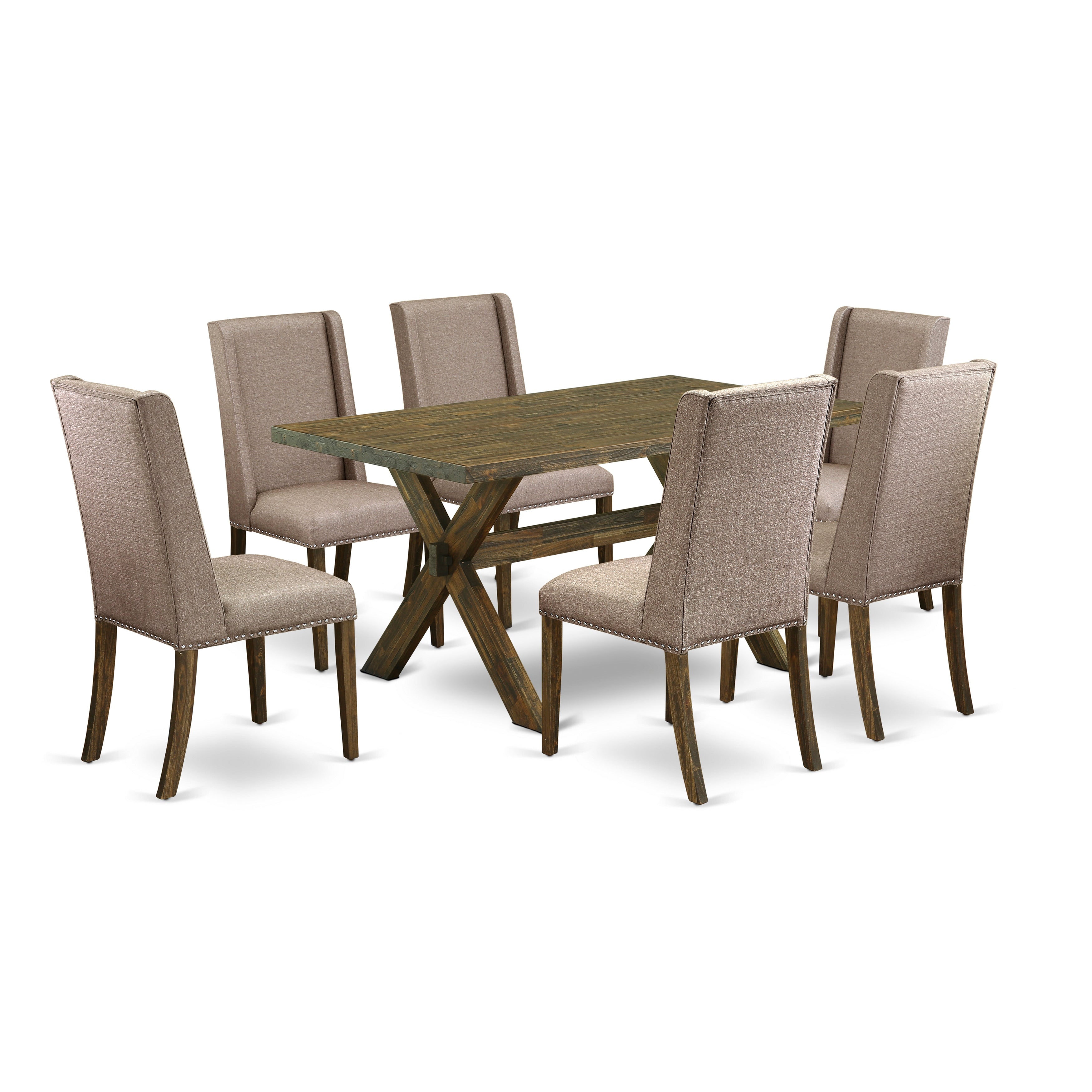 Juego de comedor de 7 piezas East West Furniture X776FL716-7 compuesto por una mesa de comedor rectangular con patas en forma de X y 6 sillas de comedor Parsons de tela de lino color caqui oscuro.