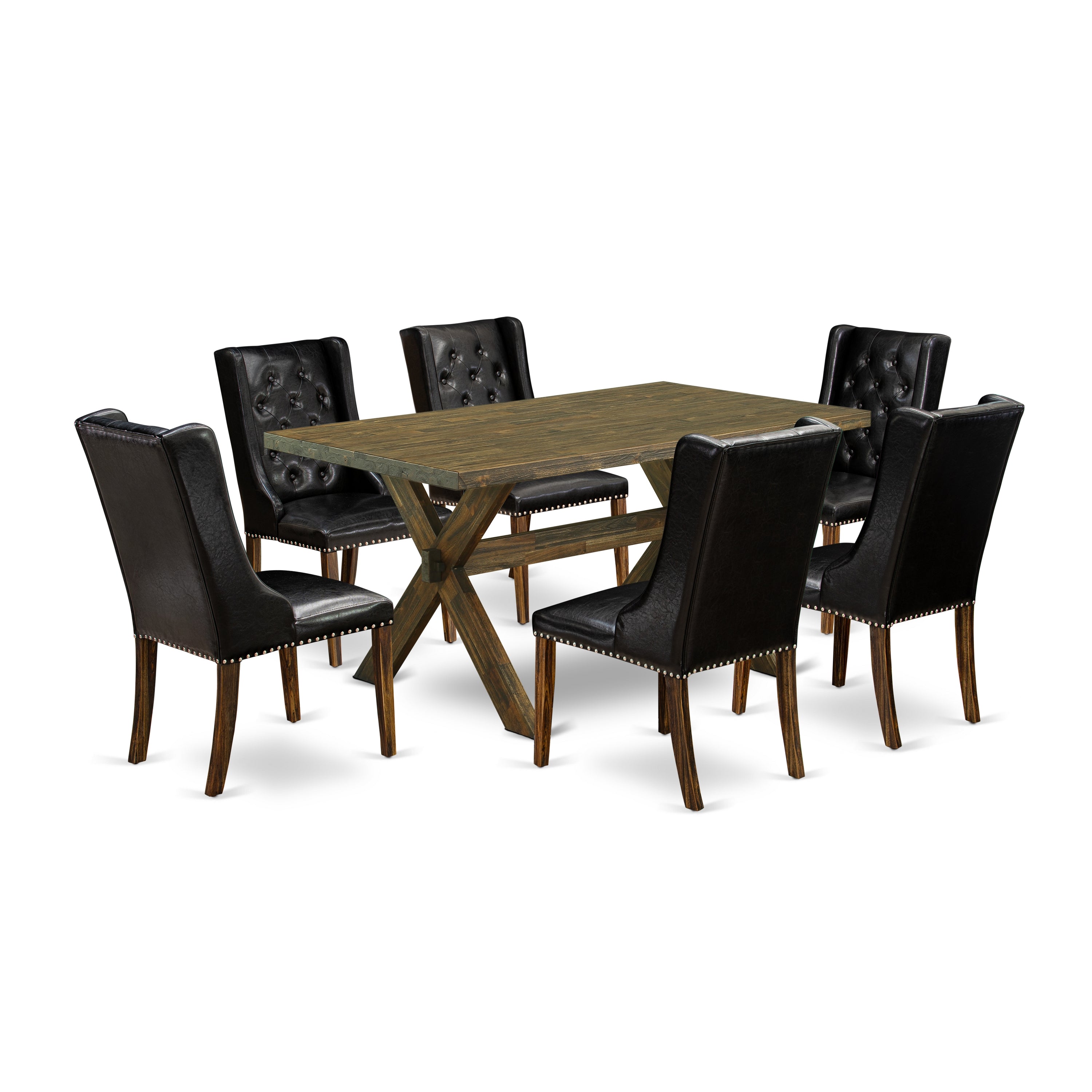 Juego de comedor de 7 piezas East West Furniture X776FO749-7 compuesto por una mesa de comedor rectangular con patas en forma de X y 6 sillas Parson tapizadas en piel sintética negra.