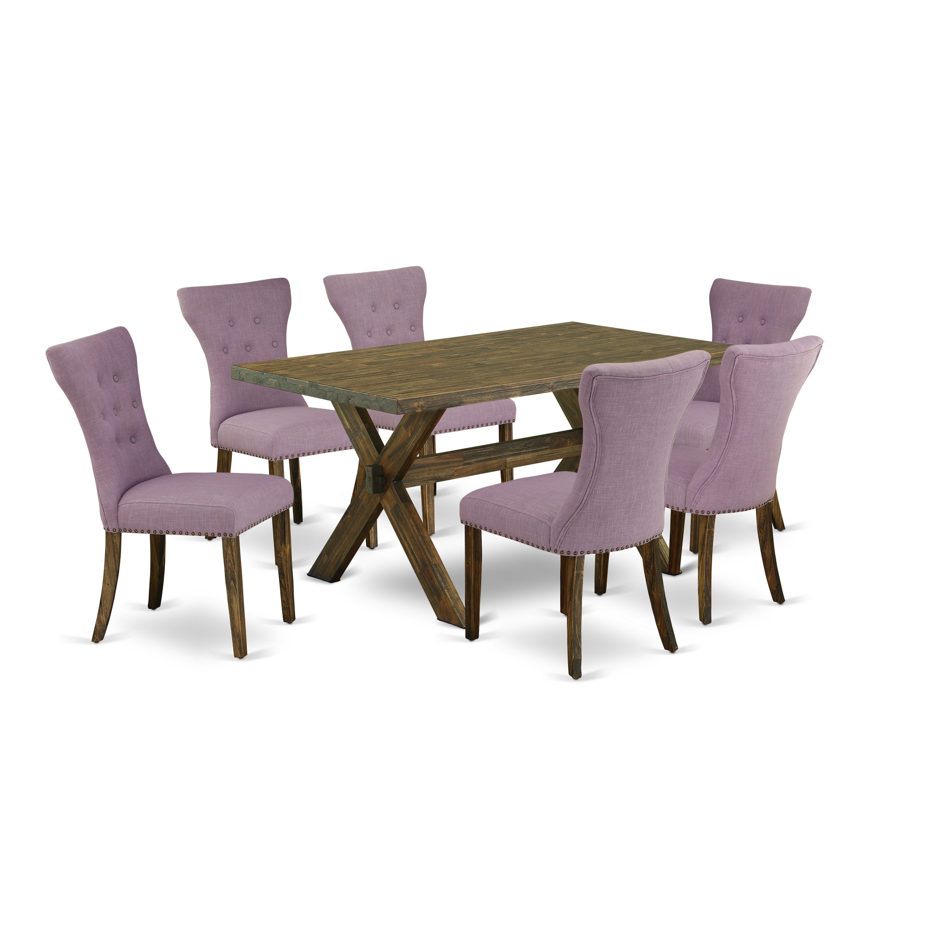 East West Furniture X776GA740-7 7-Pc dining table set a wonderful Distressed Jacobean small table top and 6 gorgeous Parson dining chairs with Nail heads and Button Tufted, Distressed Jacobean Finish