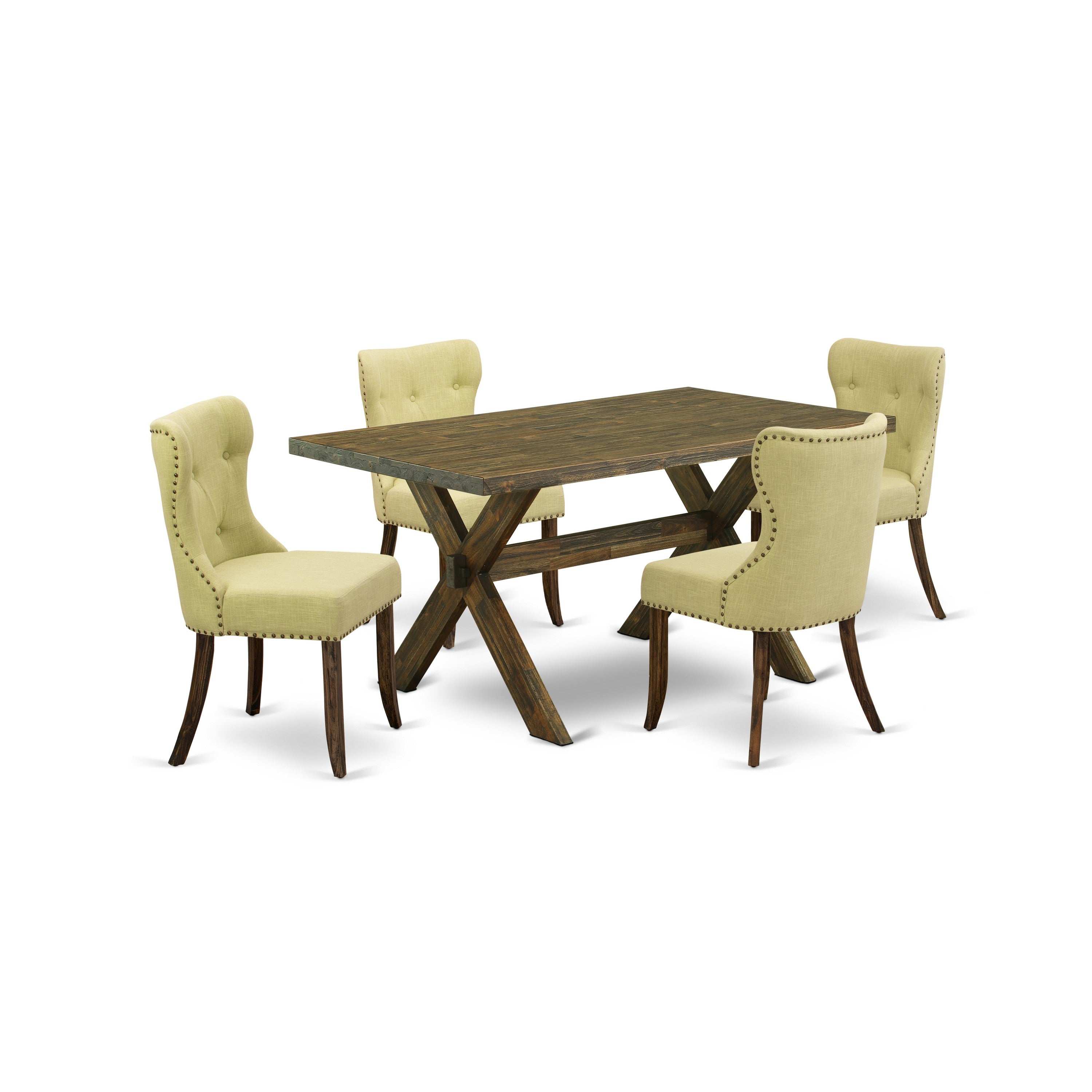 East West Furniture X776SI737-5 5-Pc Dining Room Set- 4 Parson Dining Chairs with Limelight Linen Fabric Seat and Button Tufted Chair Back - Rectangular Table (Distressed Jacobean Finish)