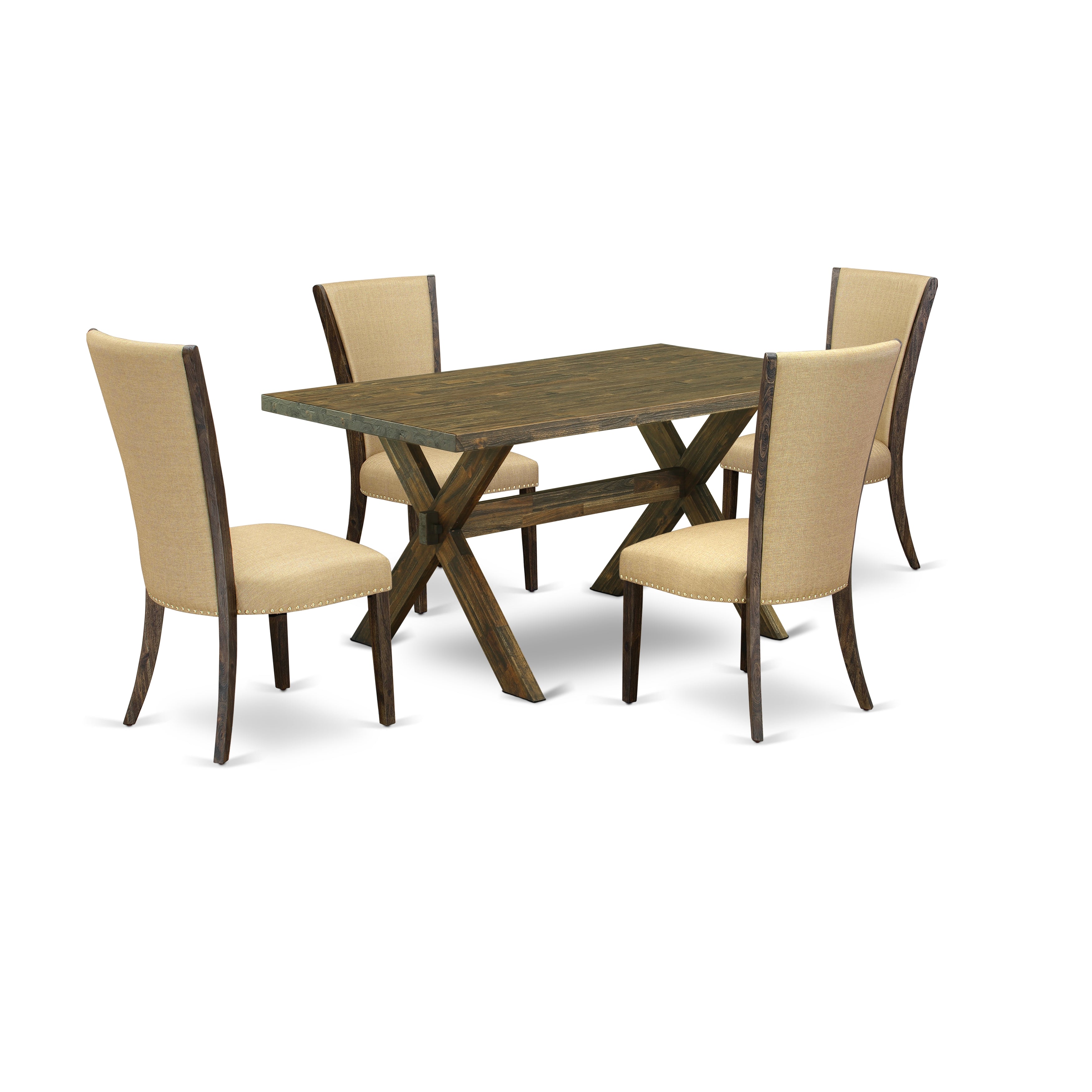 East West Furniture X776VE703-5 5Pc Dining Table Set Includes a Wood Dining Table and 4 Parson Dining Chairs with Brown Color Linen Fabric, Medium Size Table with Full Back Chairs, Distressed Jacobean Finish