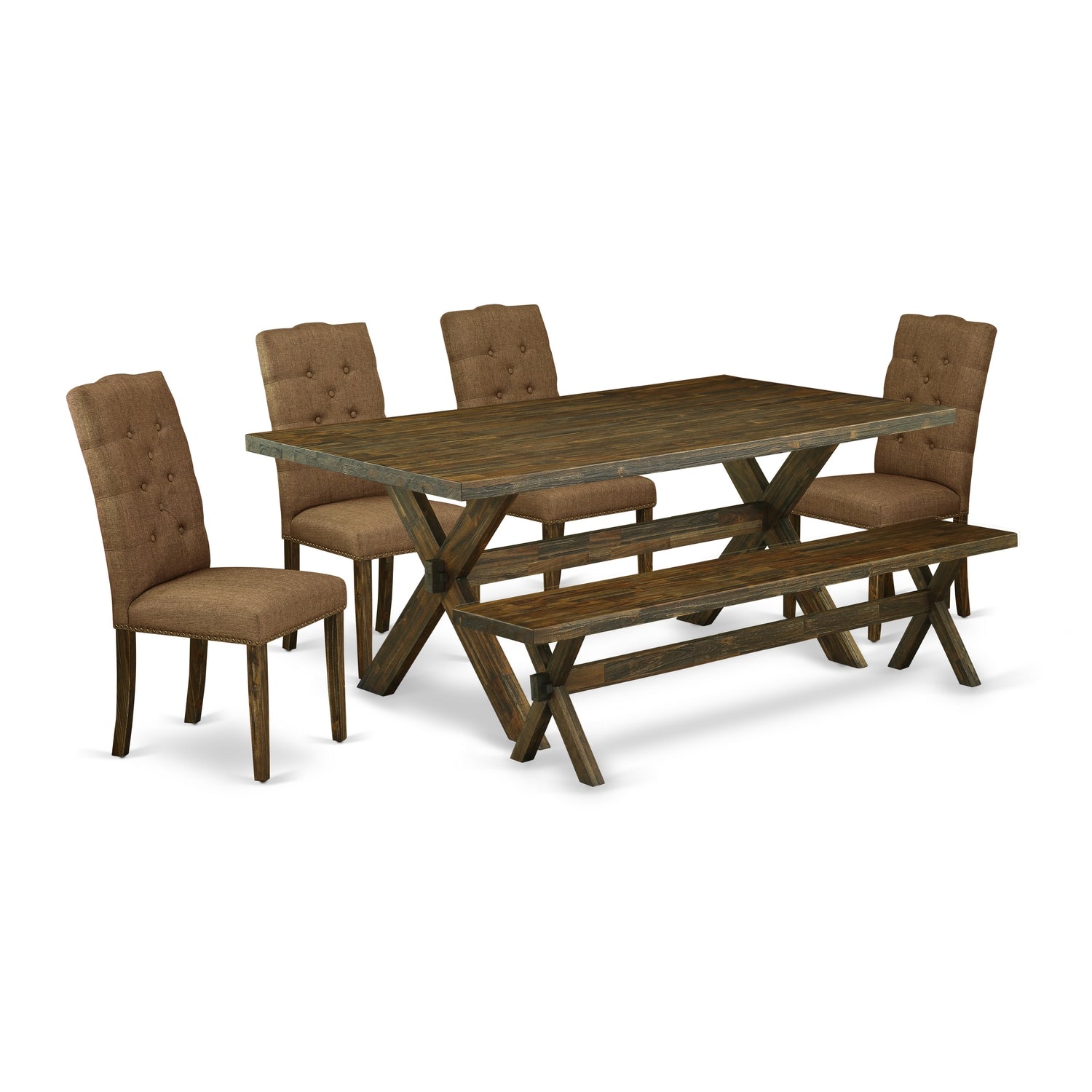 X777EL718-6 6-Piece Dinette Table Set-Brown Beige Linen Fabric Seat and Button Tufted Chair Back Parson chairs, A Rectangular Bench and Rectangular top dining room table with Wood Legs - Distressed Jacobean and Distressed Jacobean Finish