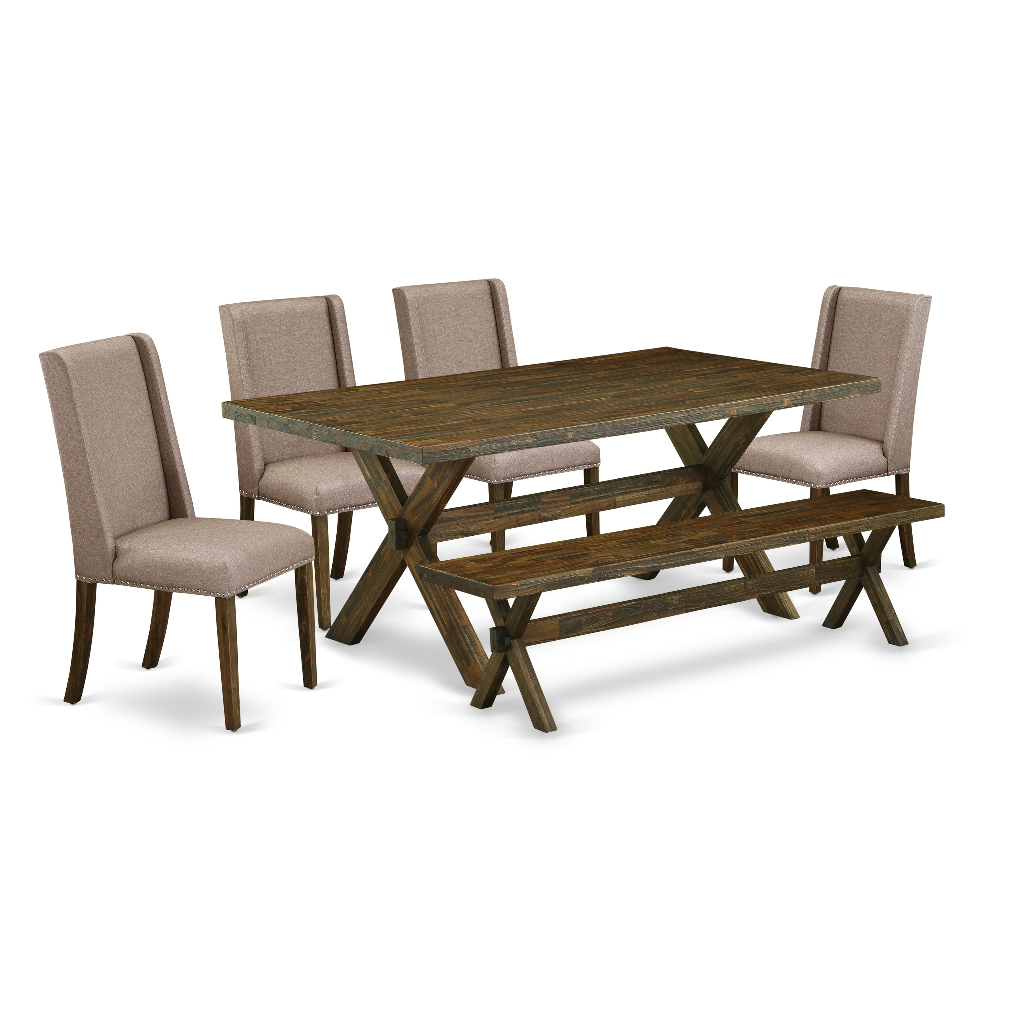 Juego de mesa de comedor de 6 piezas East West Furniture X777FL716-6. Contiene una mesa rectangular con patas en forma de X y 4 sillas tapizadas en tela de lino color caqui oscuro con un banco.
